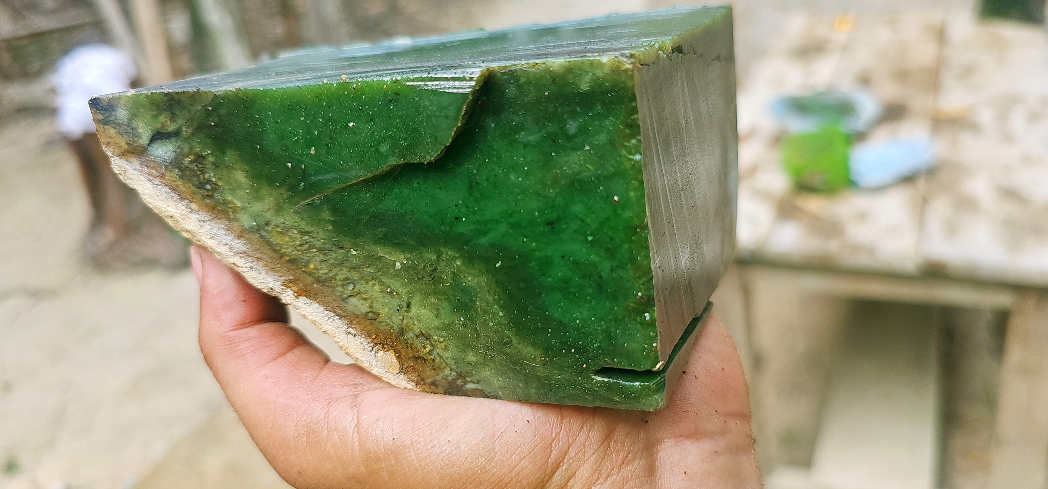 Natural Green Jade Rough Stone – Vivid Emerald Green Core with Pale Green Matrix & Golden-Brown Host Rock, 1.7 KG