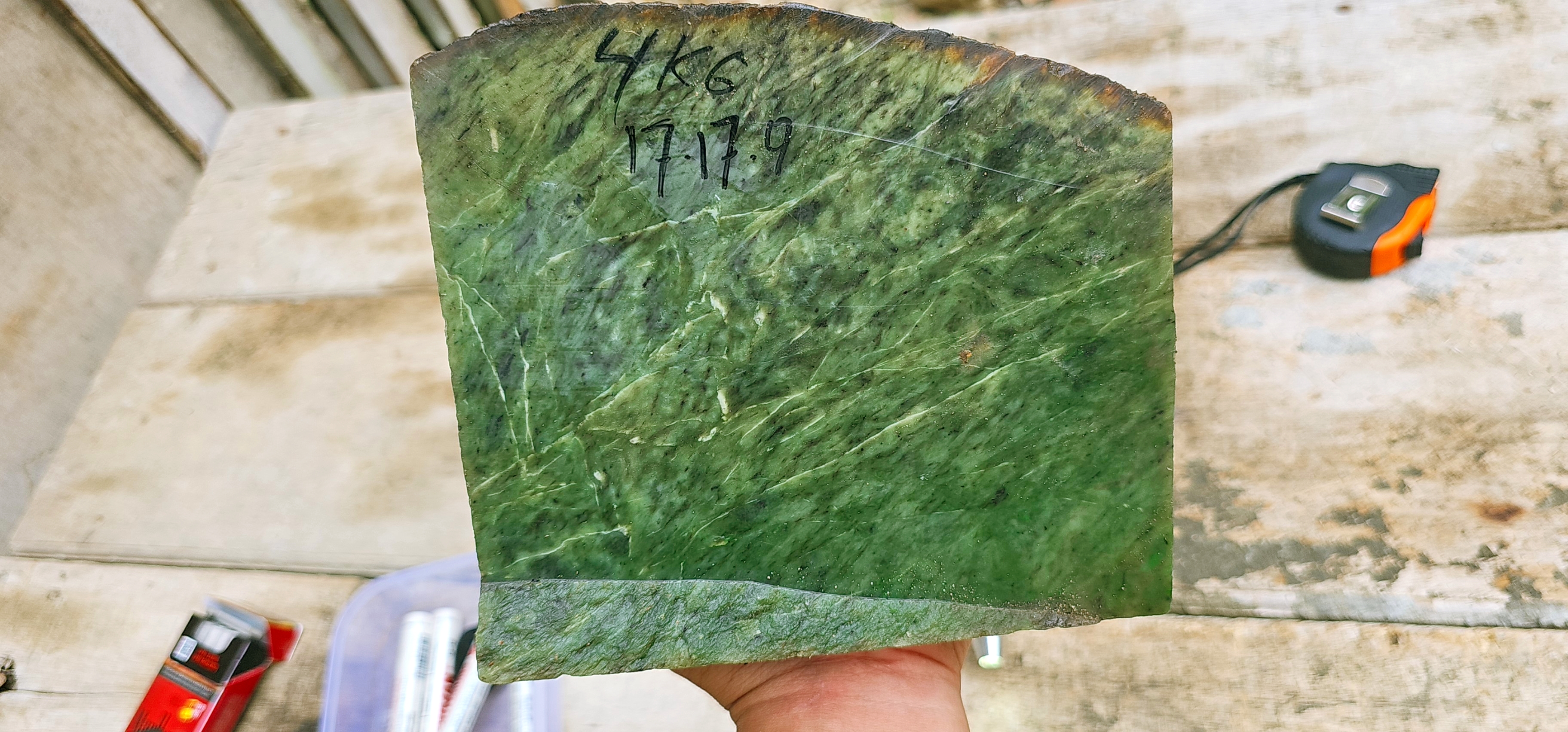 Natural Green Jade Rough Slab – Deep Forest Green Body with Fine Fibrous Texture, Natural White Veining & Dark Green Color Zoning – 4 KG