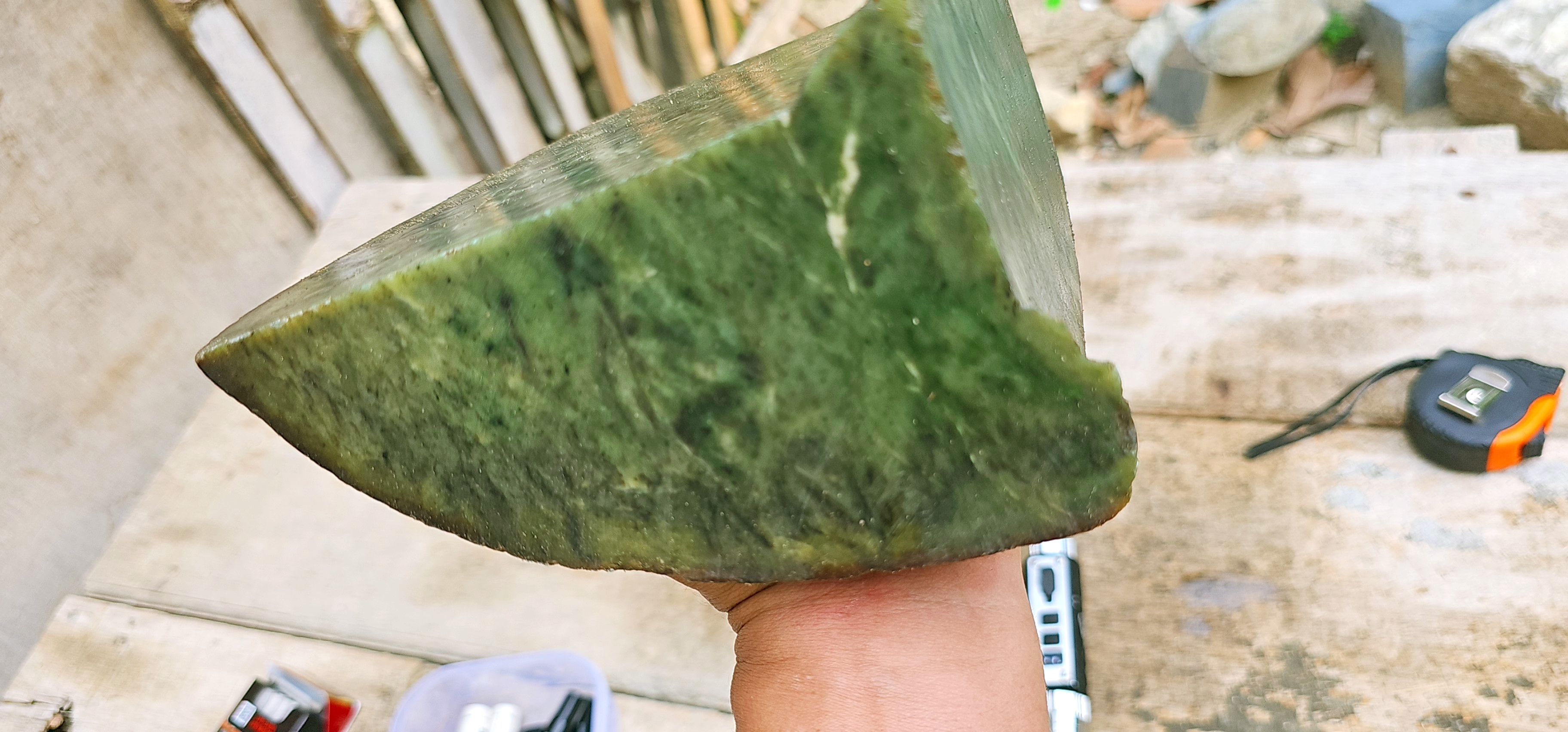 Natural Green Jade Rough Slab – Deep Forest Green Body with Fine Fibrous Texture, Natural White Veining & Dark Green Color Zoning – 4 KG