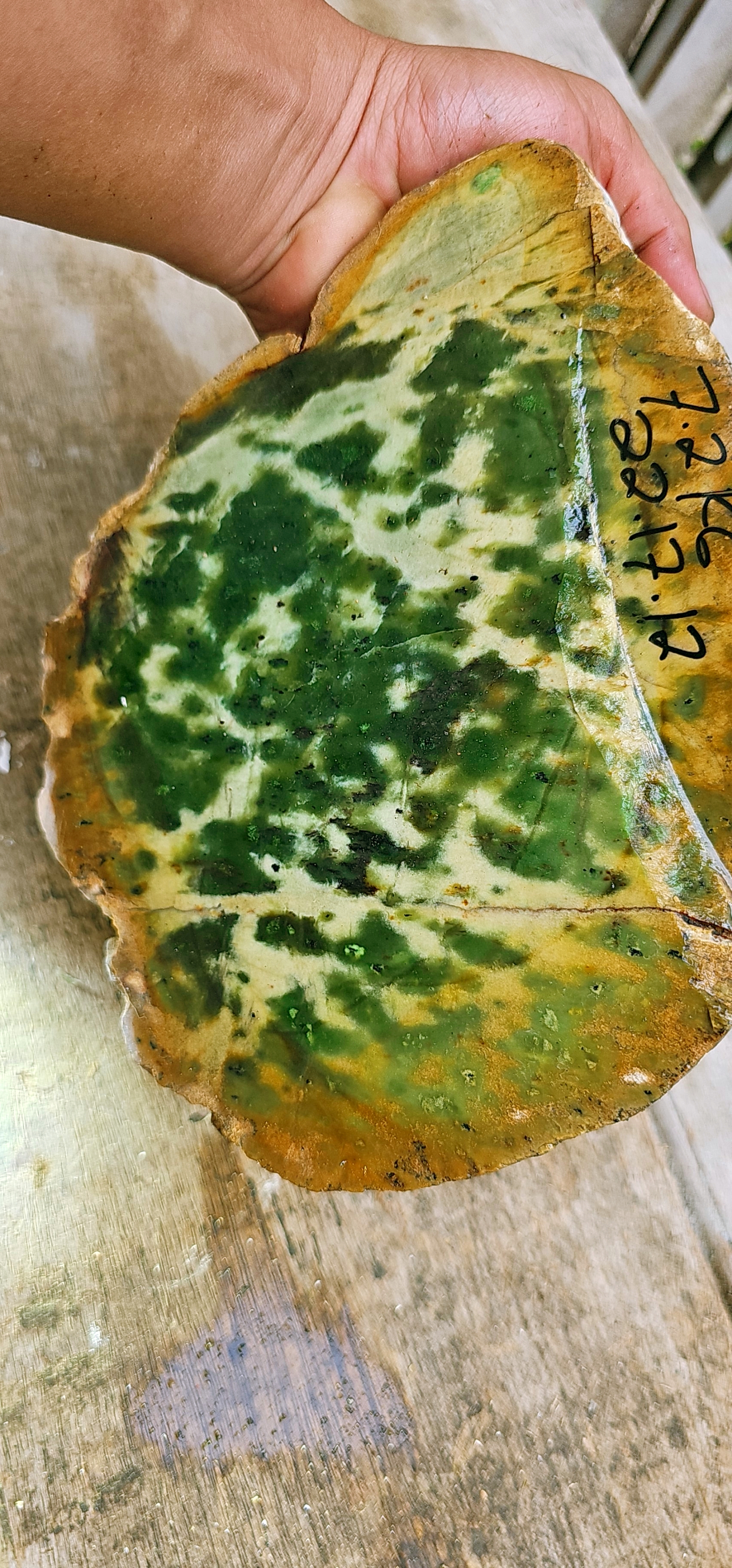 Natural Mottled Green Jade-Like Rough Slab – Deep Forest-Green Patches, Creamy Pale-Green Matrix, Golden-Brown Host Rock & Intricate Cloud-Like Pattern – 7.2 KG