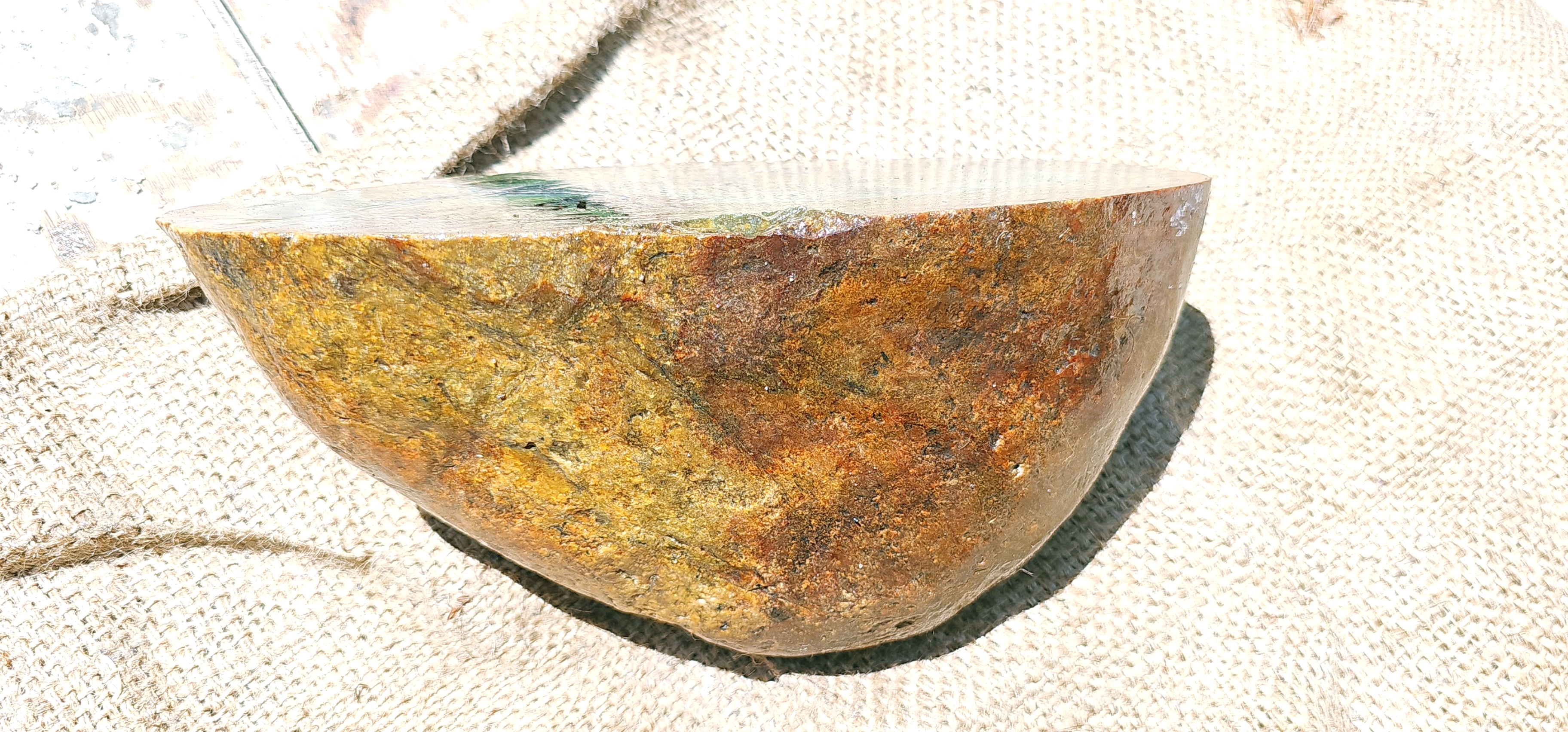Aceh Natural Moss Green Nephrite Jade Slab with Brown Weathered Outer Cortex and Dark Mineral Speckling Rough Stone – 5.5 KG