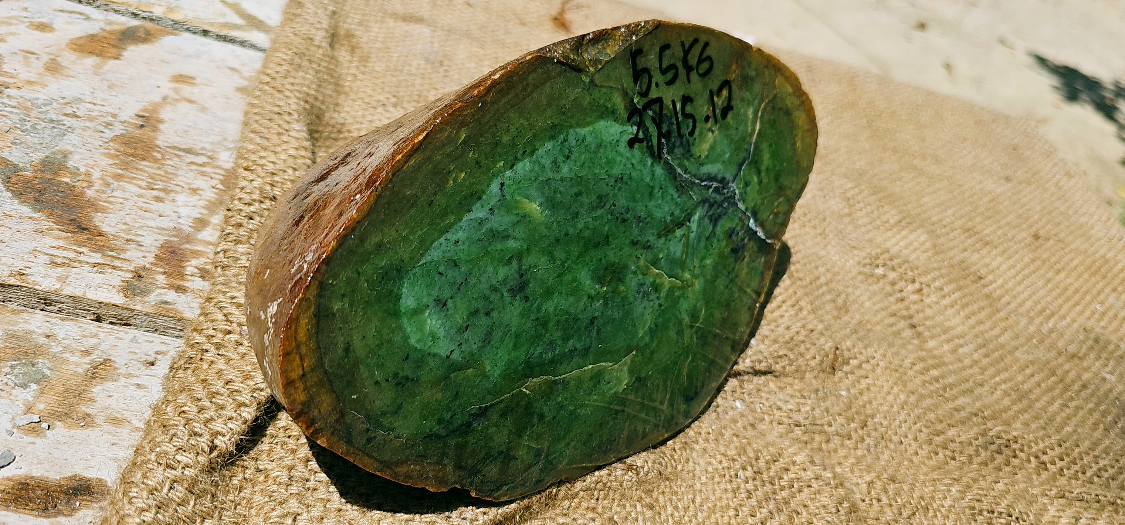 Aceh Natural Moss Green Nephrite Jade Slab with Brown Weathered Outer Cortex and Dark Mineral Speckling Rough Stone – 5.5 KG