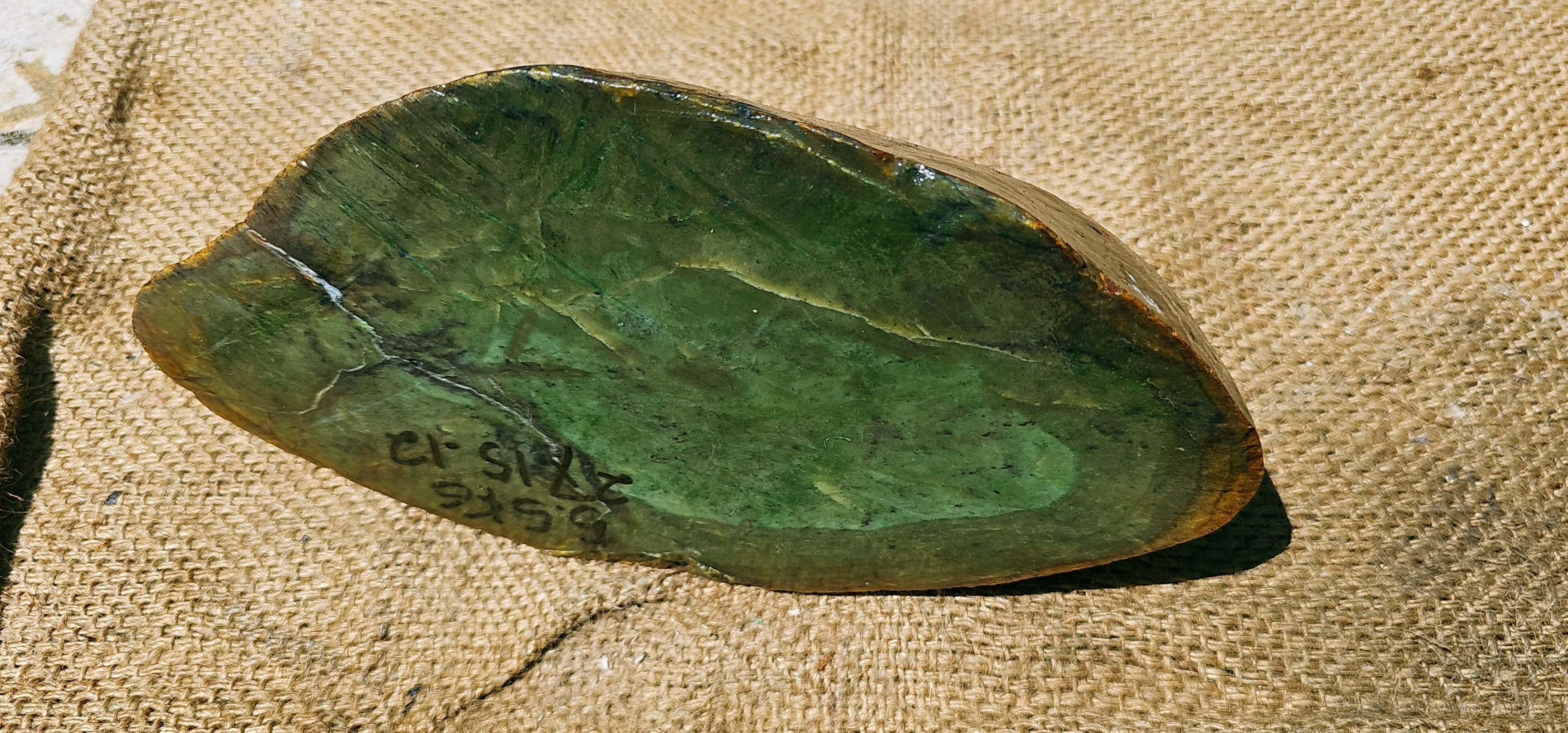 Aceh Natural Moss Green Nephrite Jade Slab with Brown Weathered Outer Cortex and Dark Mineral Speckling Rough Stone – 5.5 KG