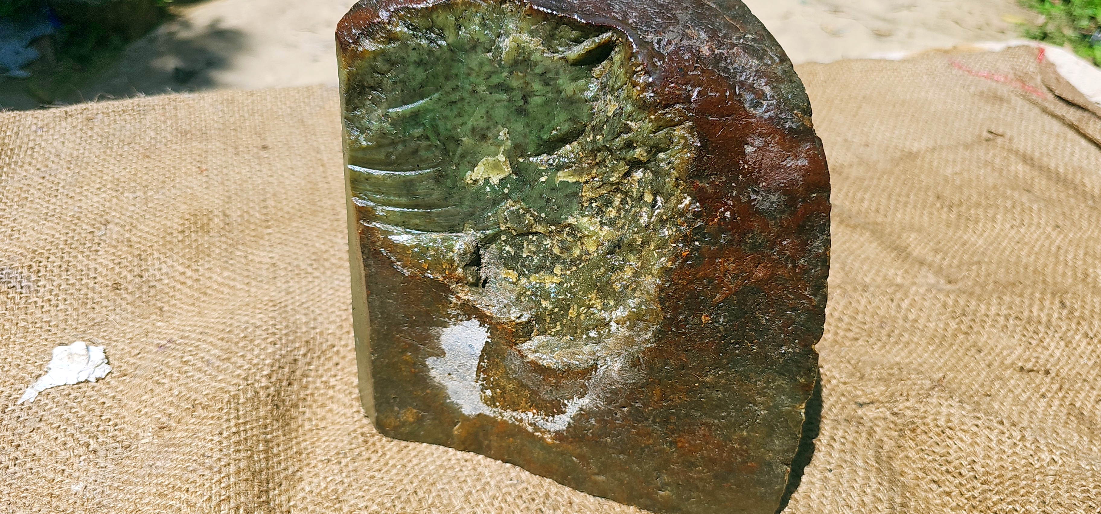 Aceh Natural Moss Green and Olive Nephrite Jade Slab with Dark Speckling and Textured Rough Surface – 6.3 KG