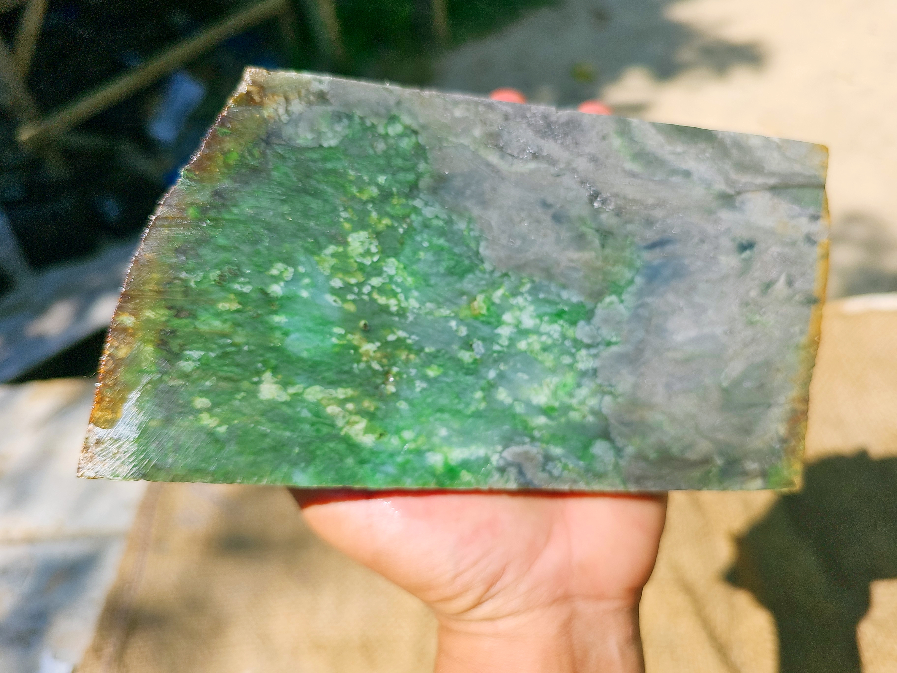 Aceh Natural Moss Green and Smoky Gray Nephrite Jade Slab with Organic Speckled Mottling Rough Stone – 1.6 KG