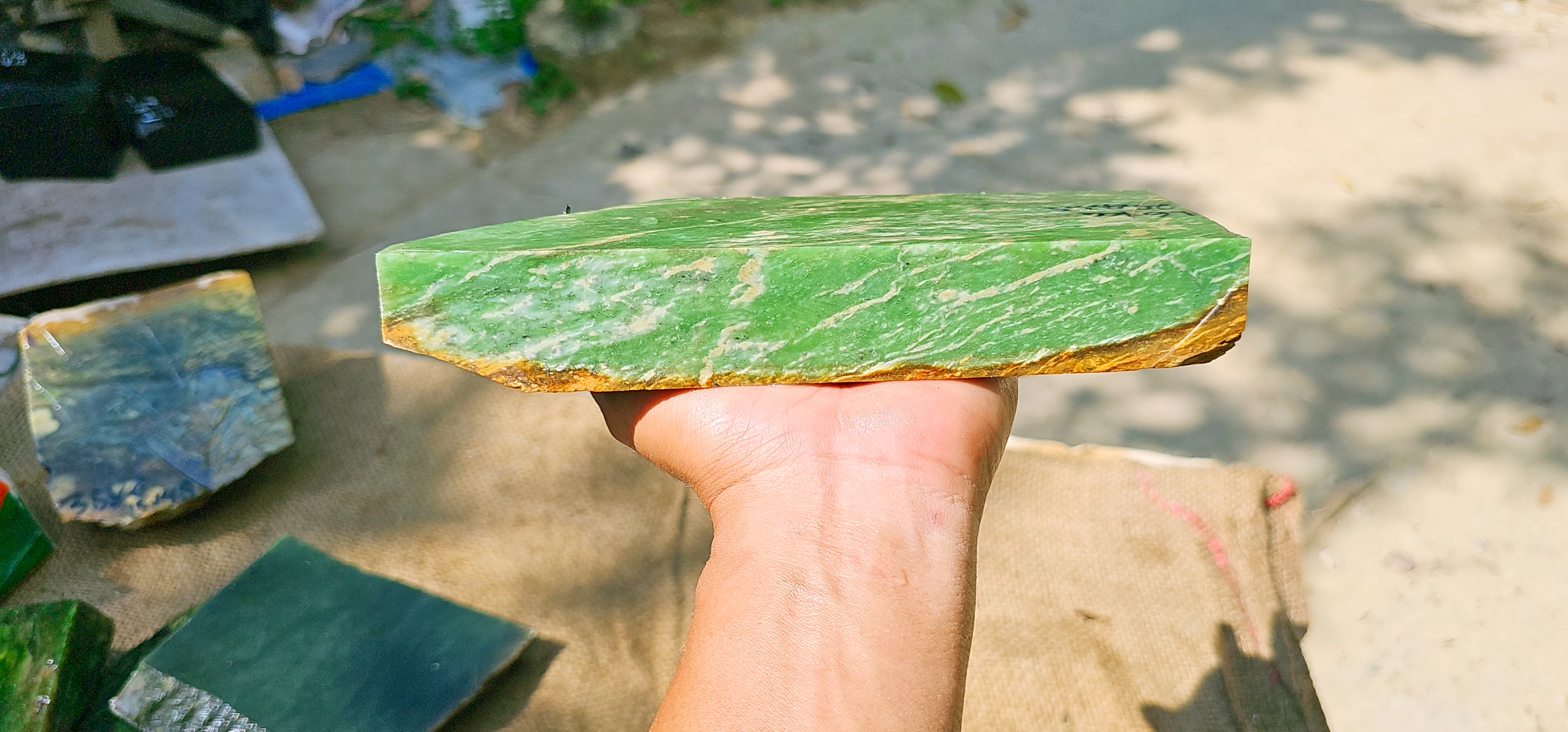 Aceh Natural Moss Green Nephrite Jade Slab with White Veining and Earthy Edge Rough Stone – 1.6 KG