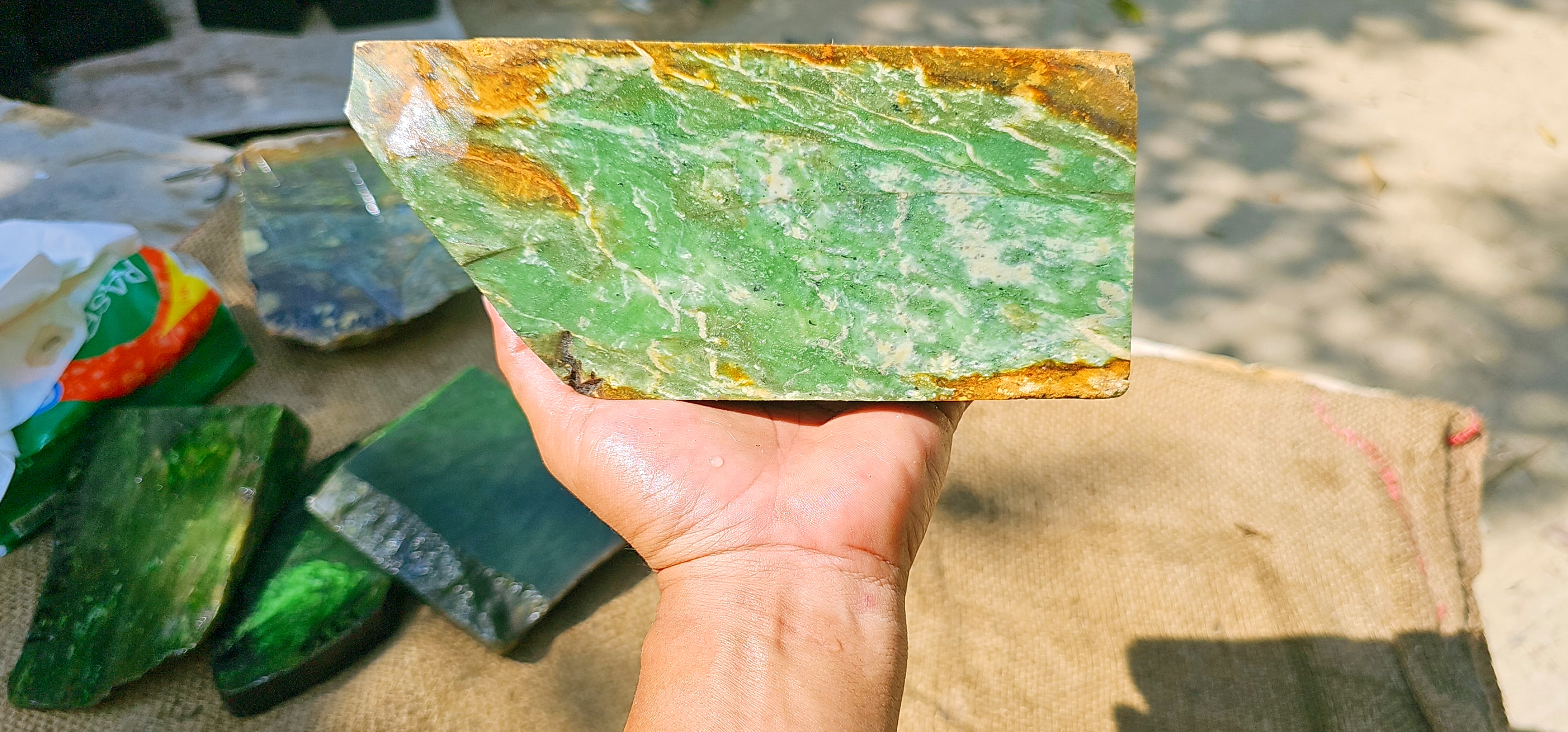 Aceh Natural Moss Green Nephrite Jade Slab with White Veining and Earthy Edge Rough Stone – 1.6 KG