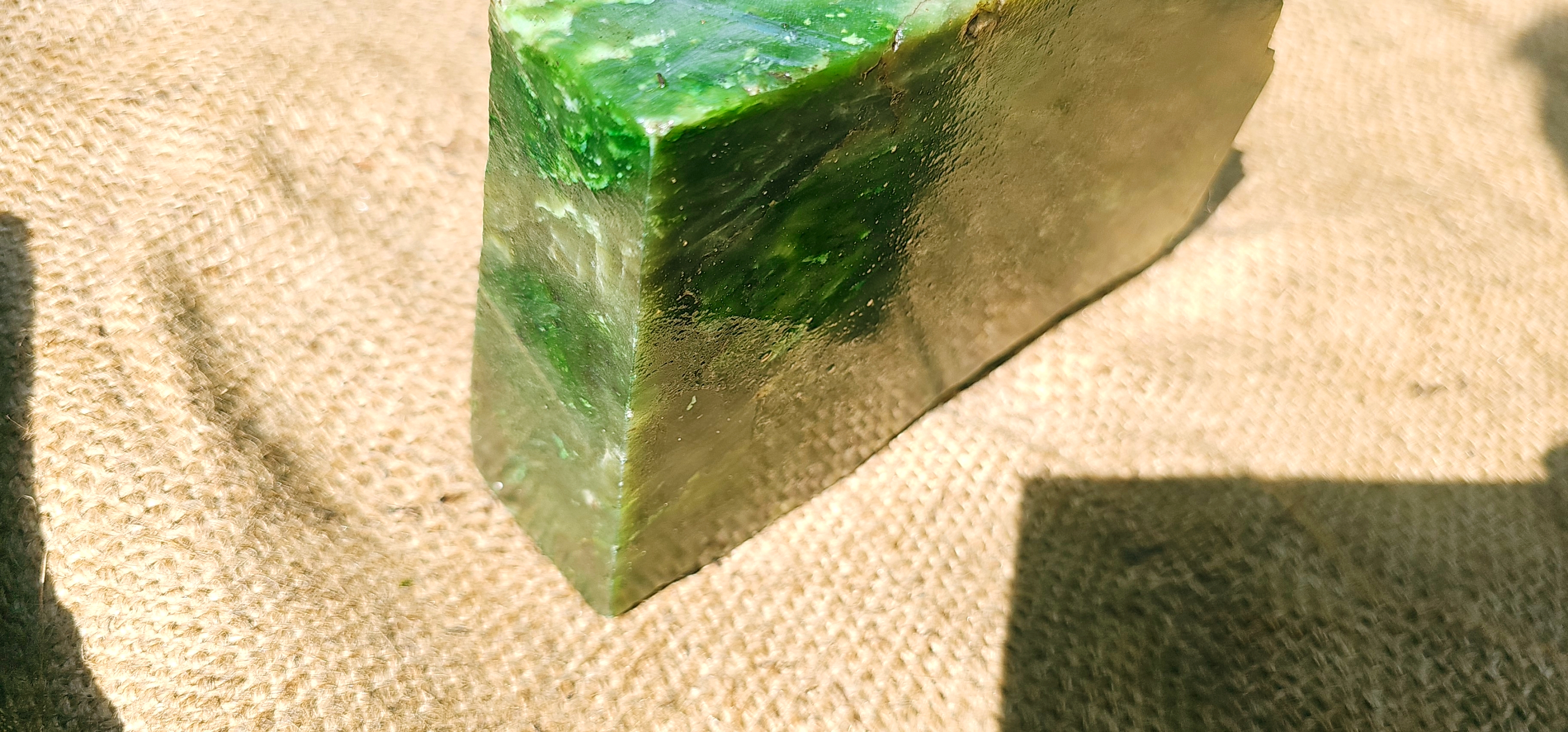 Aceh Natural Moss Green Nephrite Jade with Dynamic Clouded Veining and Textured Rough Stone Surface – 1.7 KG