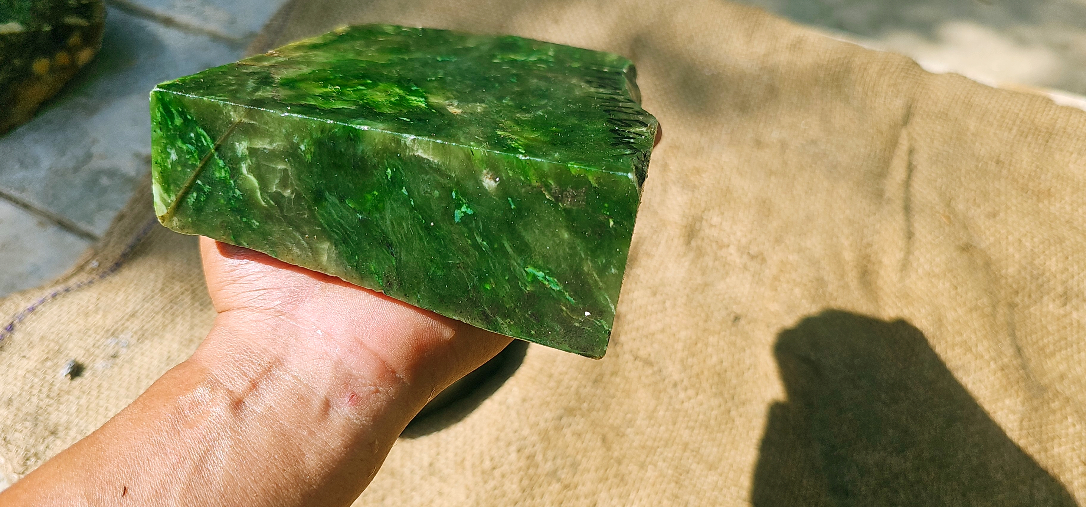 Aceh Natural Moss Green Nephrite Jade with Dynamic Clouded Veining and Textured Rough Stone Surface – 1.7 KG