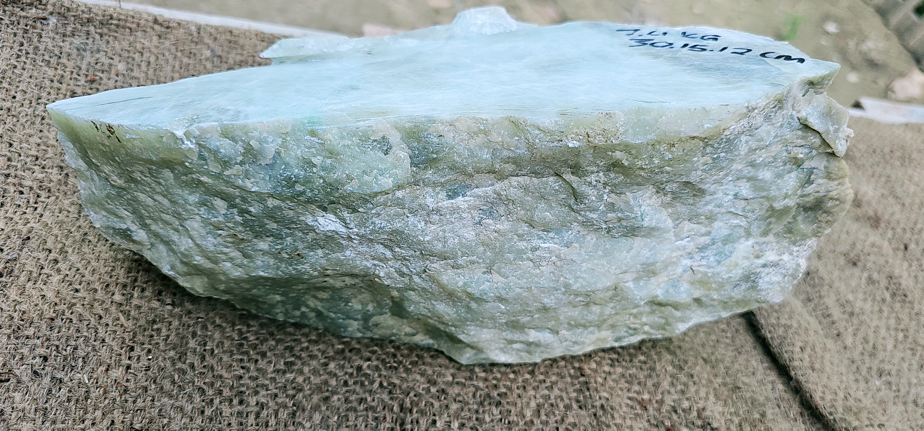 Aceh Natural Soft Pale Green Ice Jade with Crystalline Clouded Texture and Translucent Veining Rough Stone – 7.4 KG