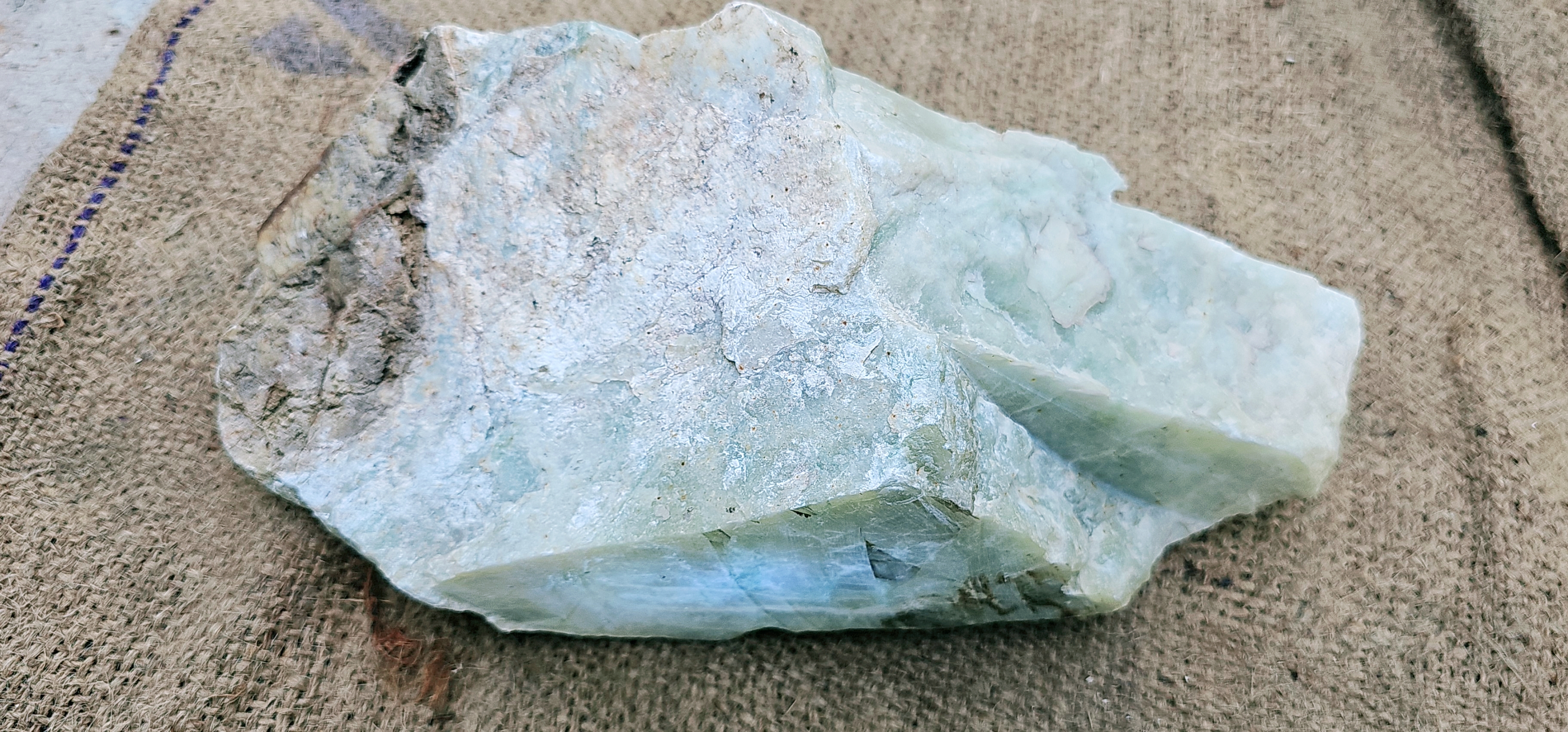 Aceh Natural Soft Pale Green Ice Jade with Crystalline Clouded Texture and Translucent Veining Rough Stone – 7.4 KG
