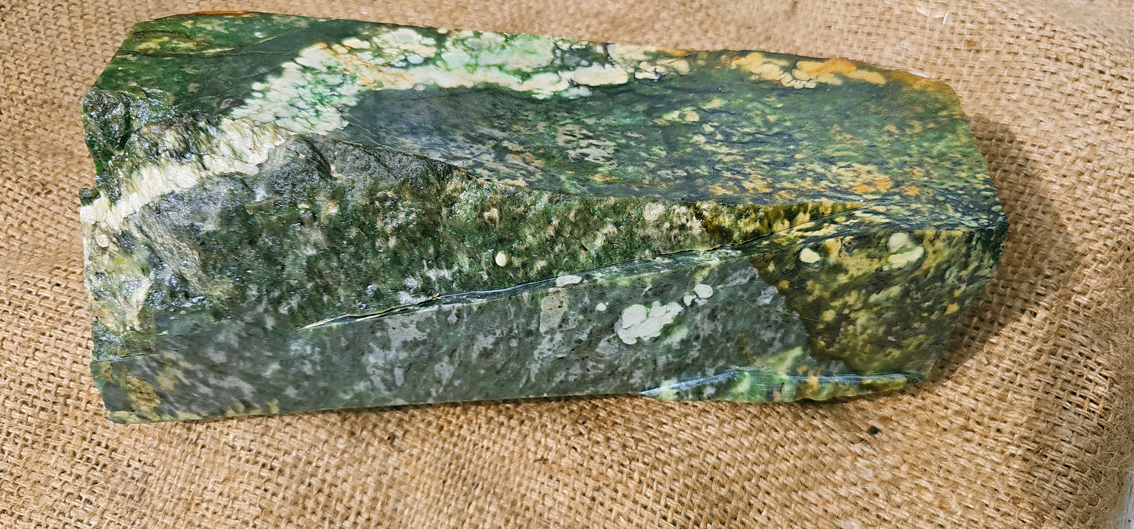 Aceh Natural Deep Forest and Moss Green Nephrite Jade Slab with Golden Brown Ochre Patches and Organic Clouded Veining Rough Stone – 7.3 KG