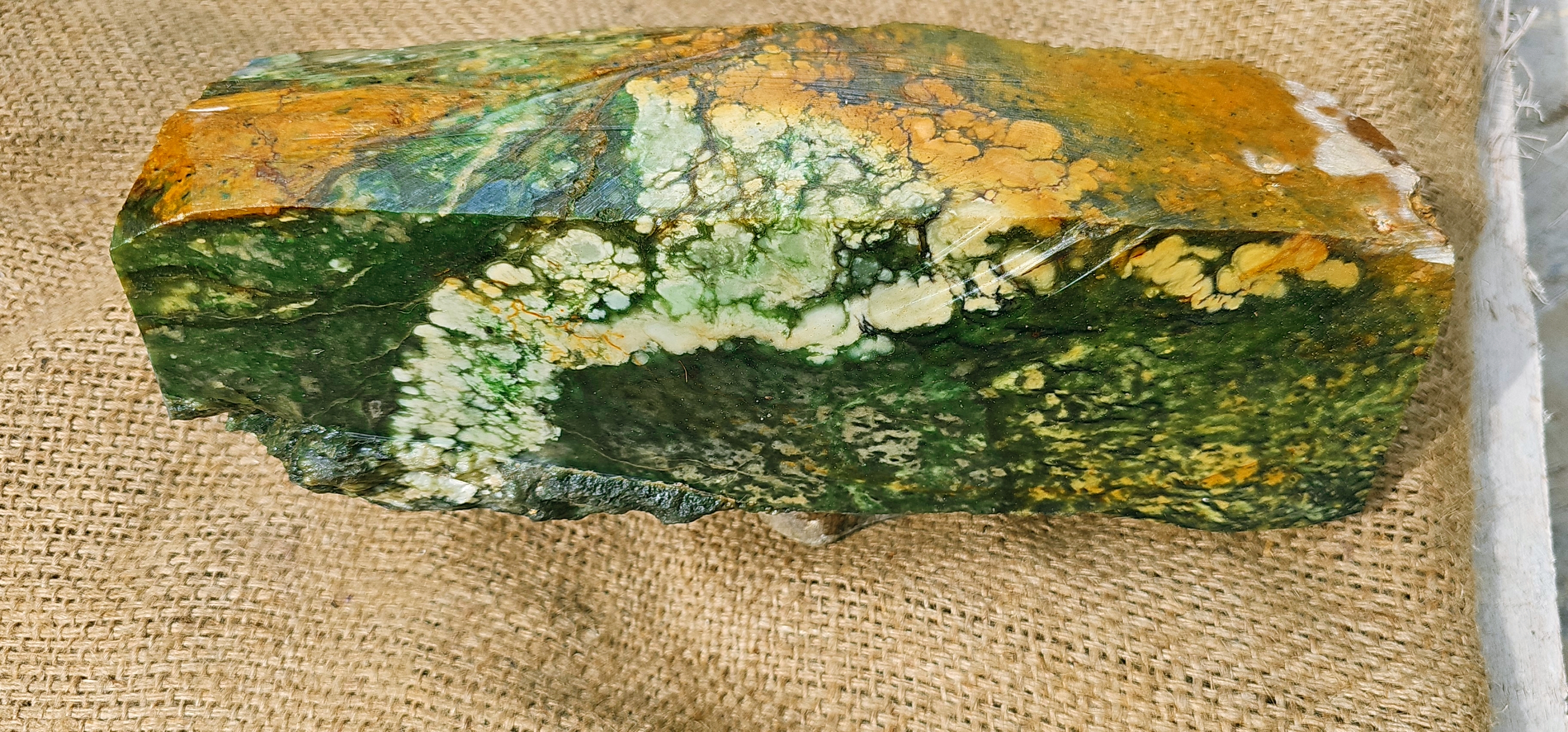 Aceh Natural Deep Forest and Moss Green Nephrite Jade Slab with Golden Brown Ochre Patches and Organic Clouded Veining Rough Stone – 7.3 KG