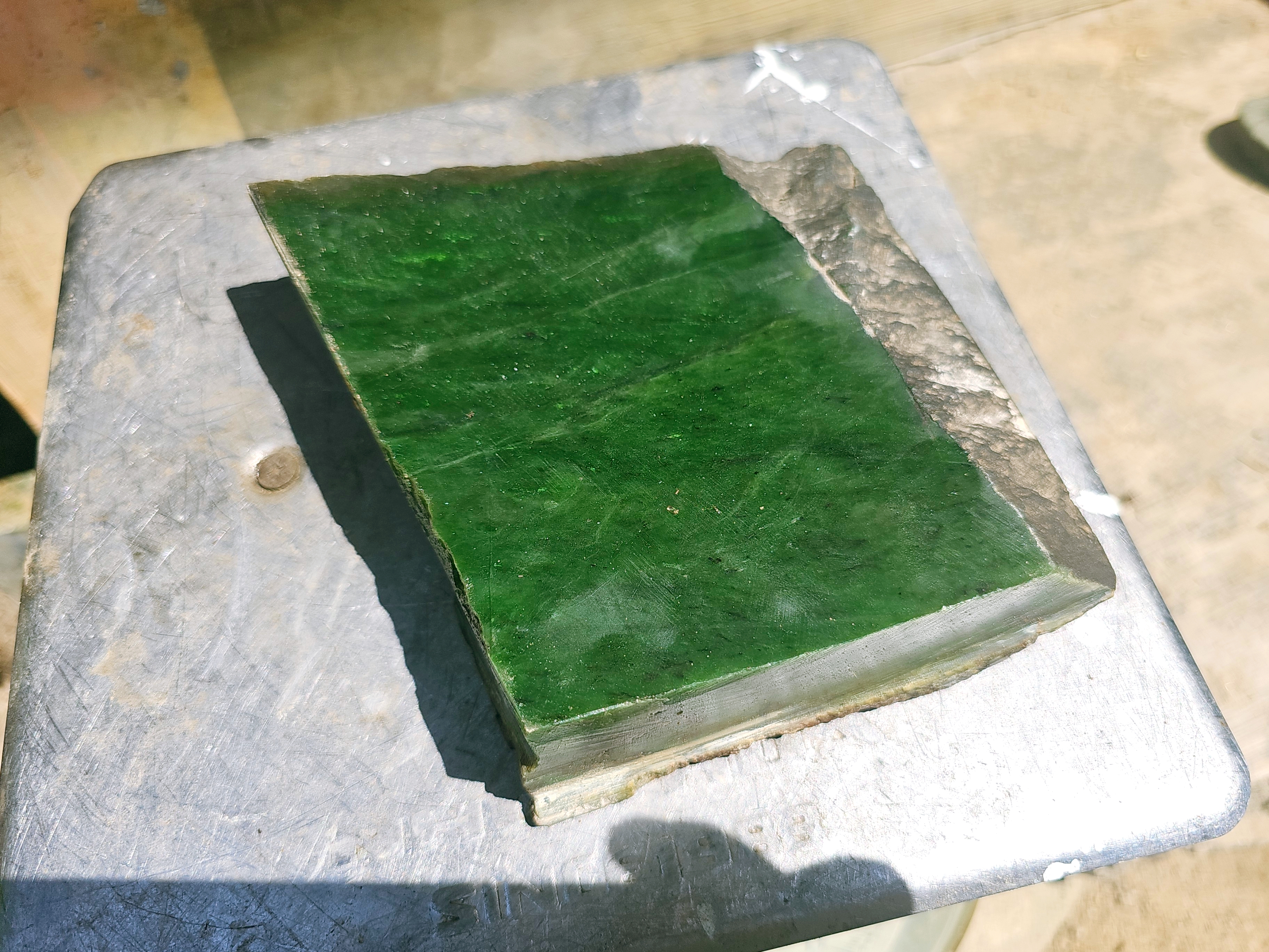 Aceh Natural Deep Forest Green Nephrite Jade Slab with Subtly Textured Rough Edges and Layered Mineral Patterns – 1.8 KG
