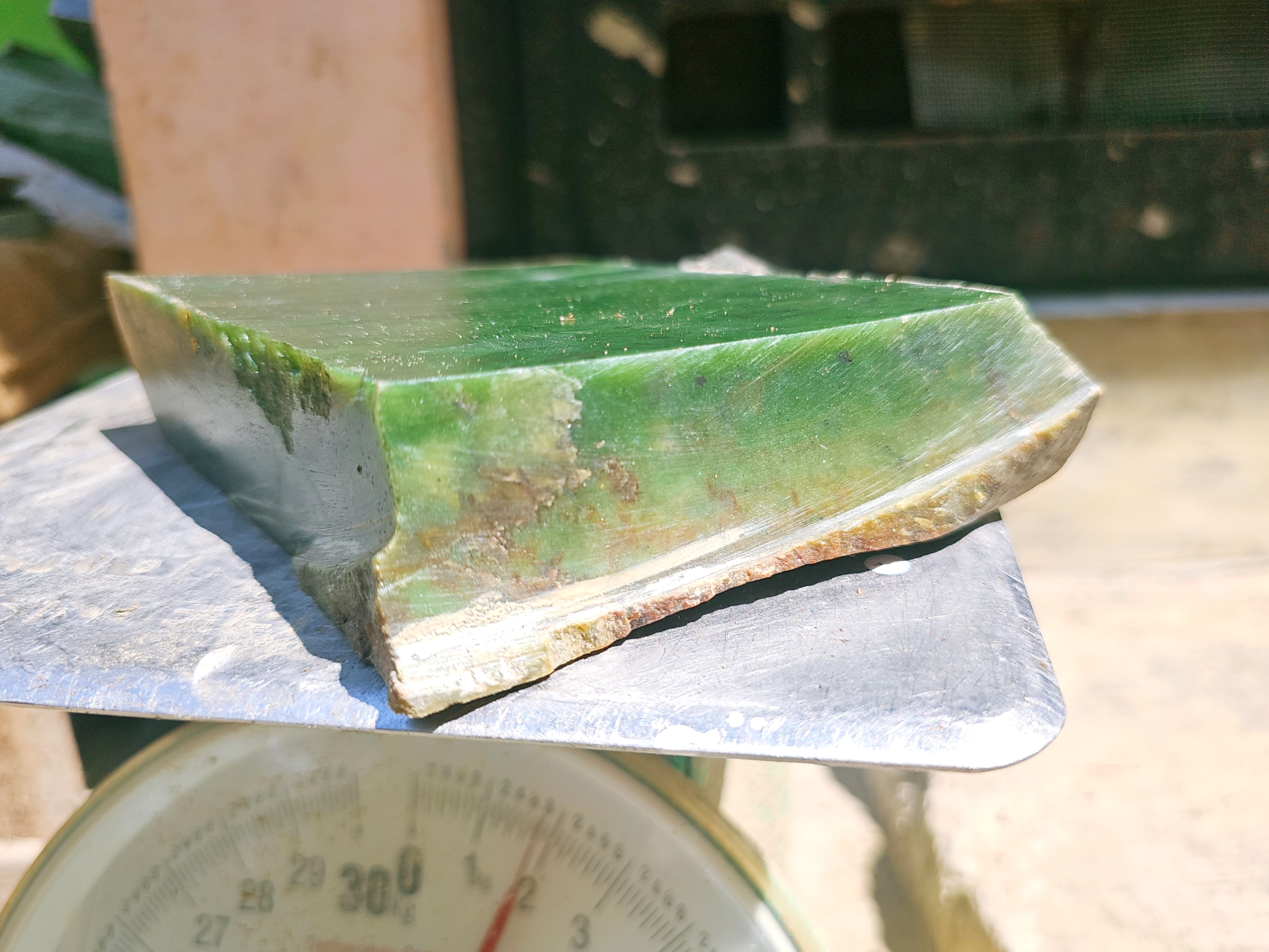 Aceh Natural Deep Forest Green Nephrite Jade Slab with Subtly Textured Rough Edges and Layered Mineral Patterns – 1.8 KG