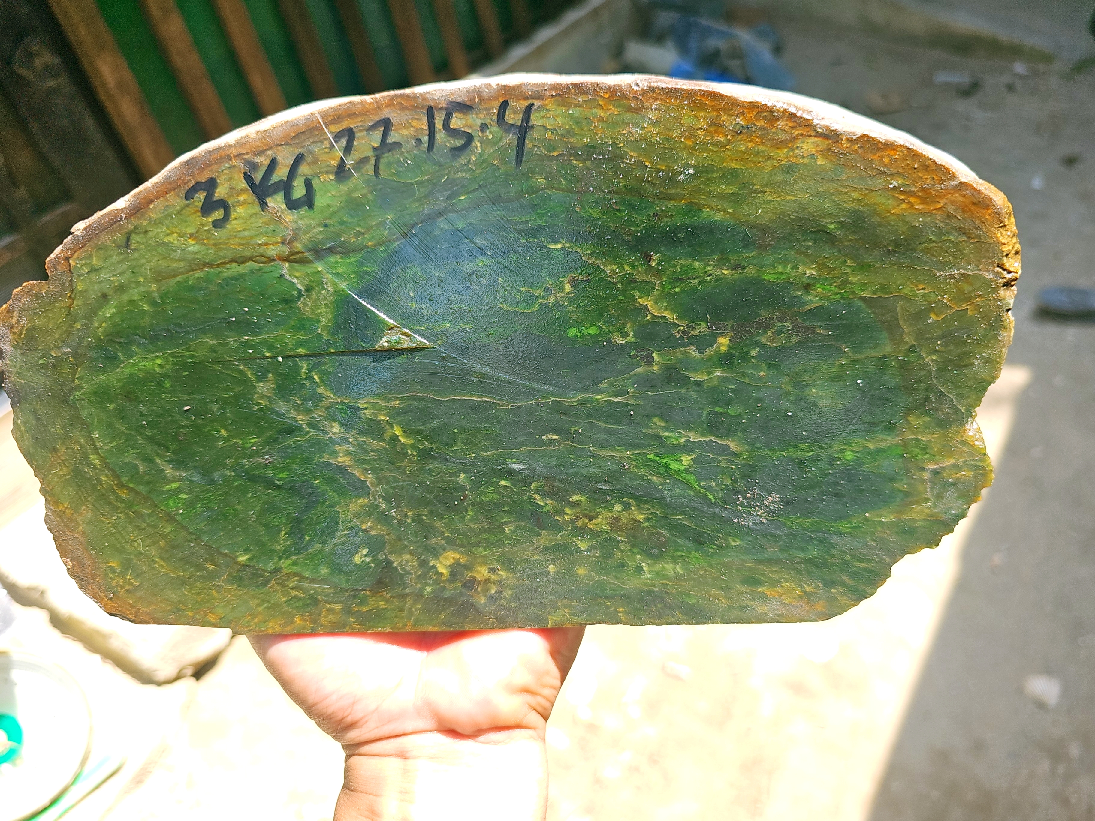 Aceh Natural Deep Forest Green Nephrite Jade Slab with Moss Green Clouded Patterns and Rough Edges – 3 KG