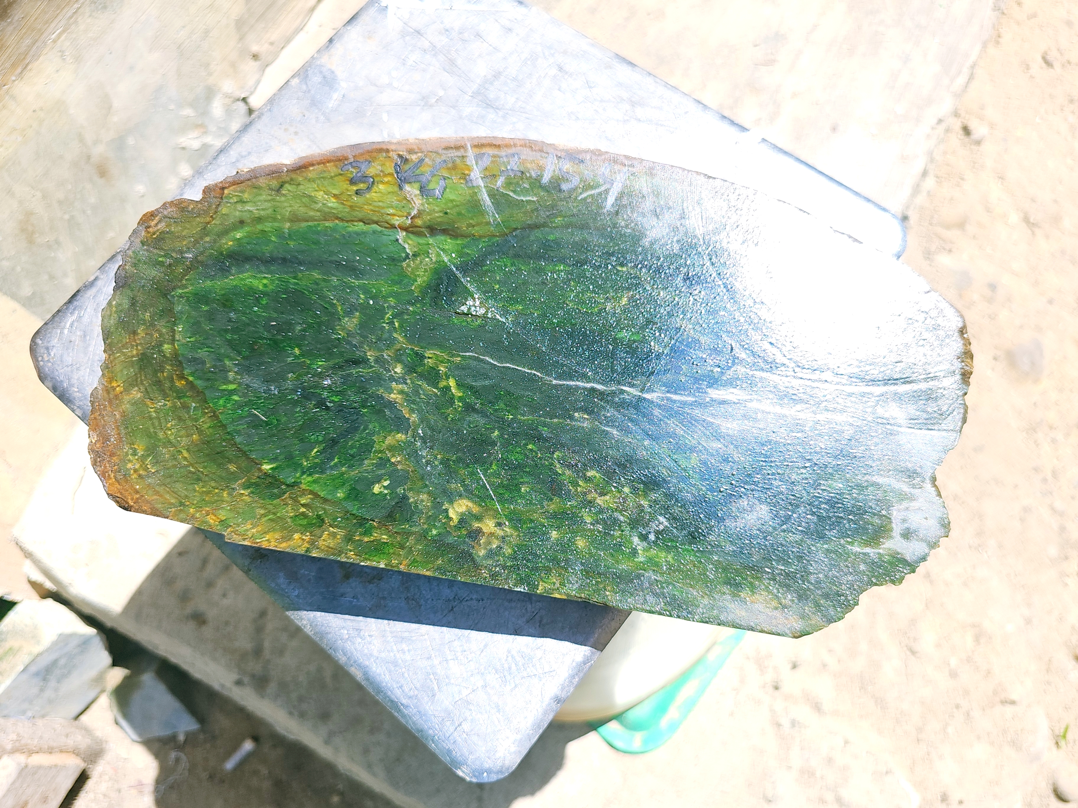Aceh Natural Deep Forest Green Nephrite Jade Slab with Moss Green Clouded Patterns and Rough Edges – 3 KG