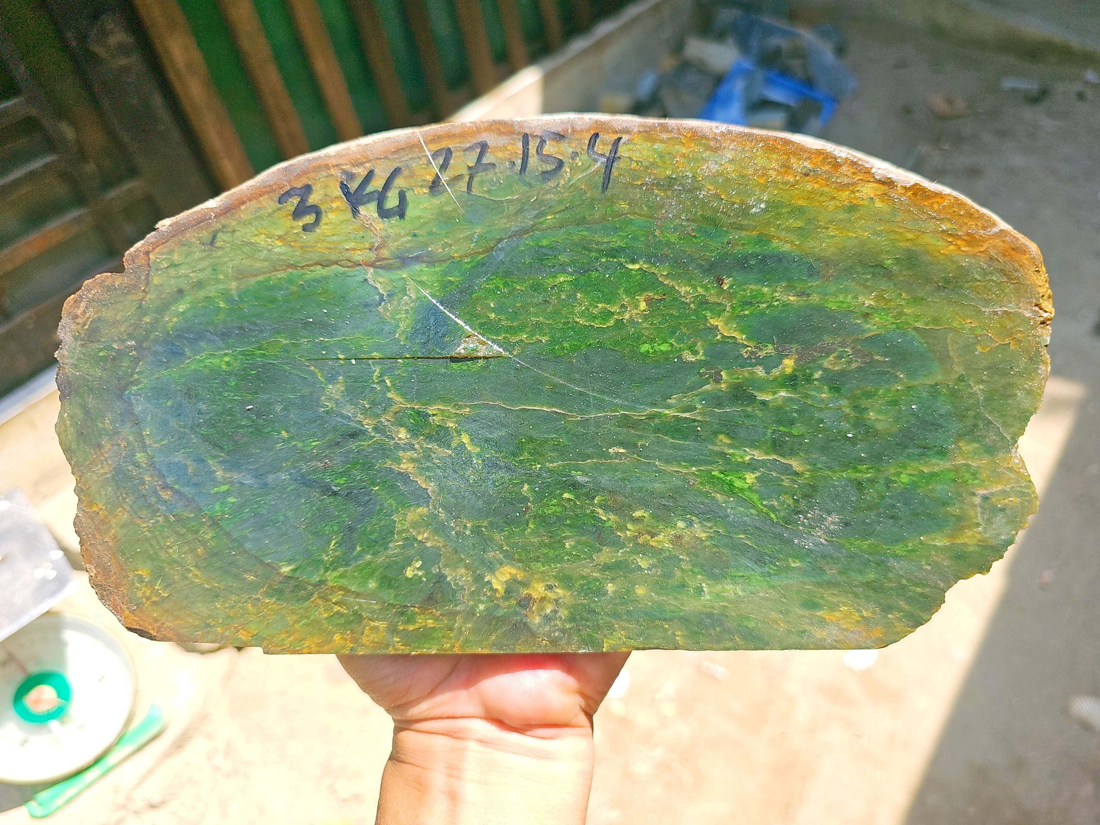 Aceh Natural Deep Forest Green Nephrite Jade Slab with Moss Green Clouded Patterns and Rough Edges – 3 KG