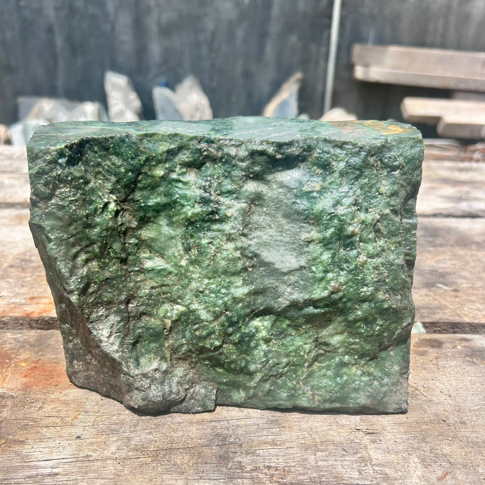 Aceh Natural Deep Forest Green Nephrite Jade with Striated Mineral Patterns and Textured Rough Surface Slab – 5.1 KG