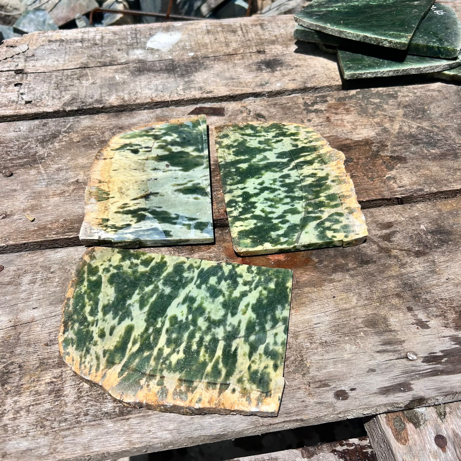 3PCS Aceh Natural Moss Green and Creamy White Mottled Nephrite Jade Slabs Lot – 2.1 KG