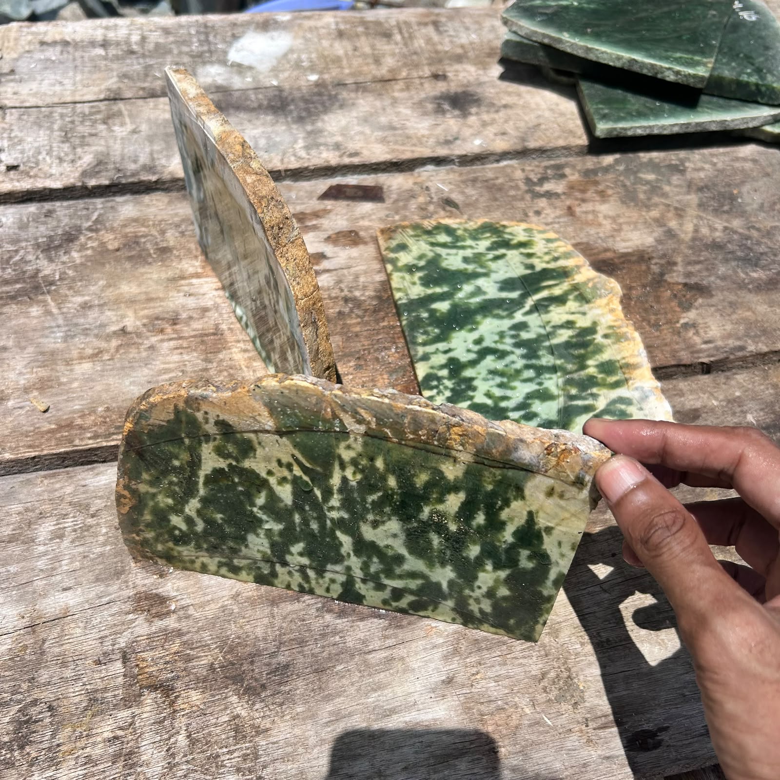 Aceh Natural Moss Green and Creamy White Mottled Nephrite Jade Slabs Lot – 2.1 KG