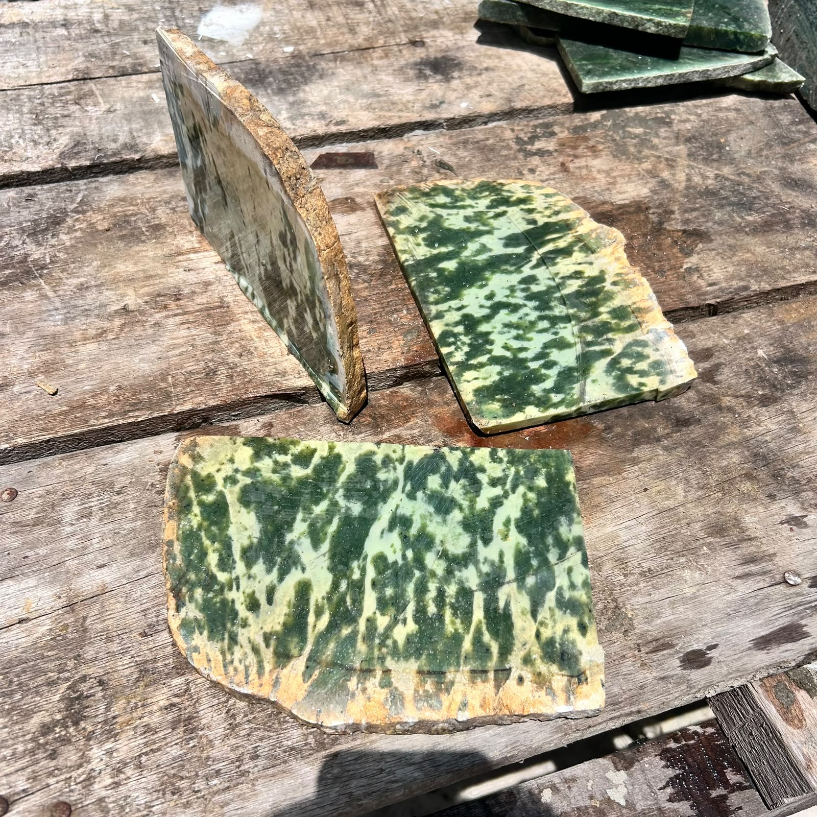 Aceh Natural Moss Green and Creamy White Mottled Nephrite Jade Slabs Lot – 2.1 KG