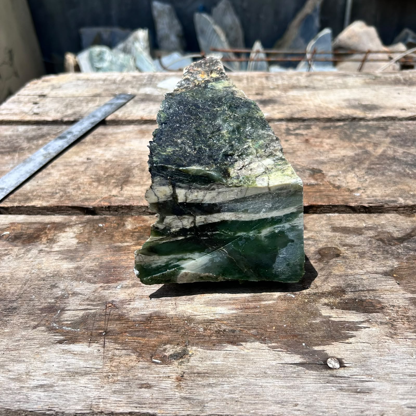 Aceh Deep Forest Green Nephrite Jade with Striking White Banding and Textured Rough Surface Slab – 3.5 KG