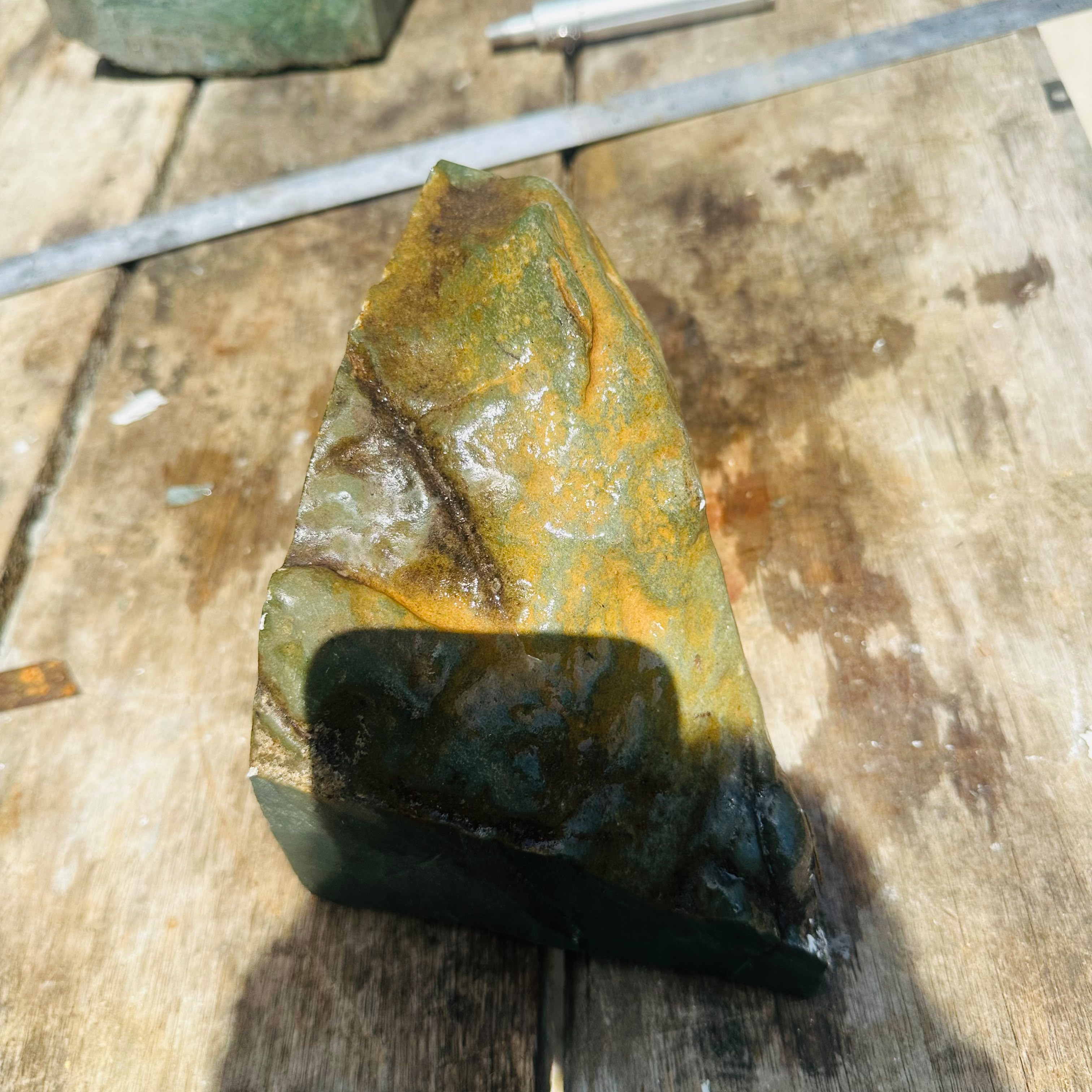 Aceh Natural Moss Green Nephrite Jade Slab with Brown-Green Weathered Crust and Cut Face Rough Stone – 6.7 KG