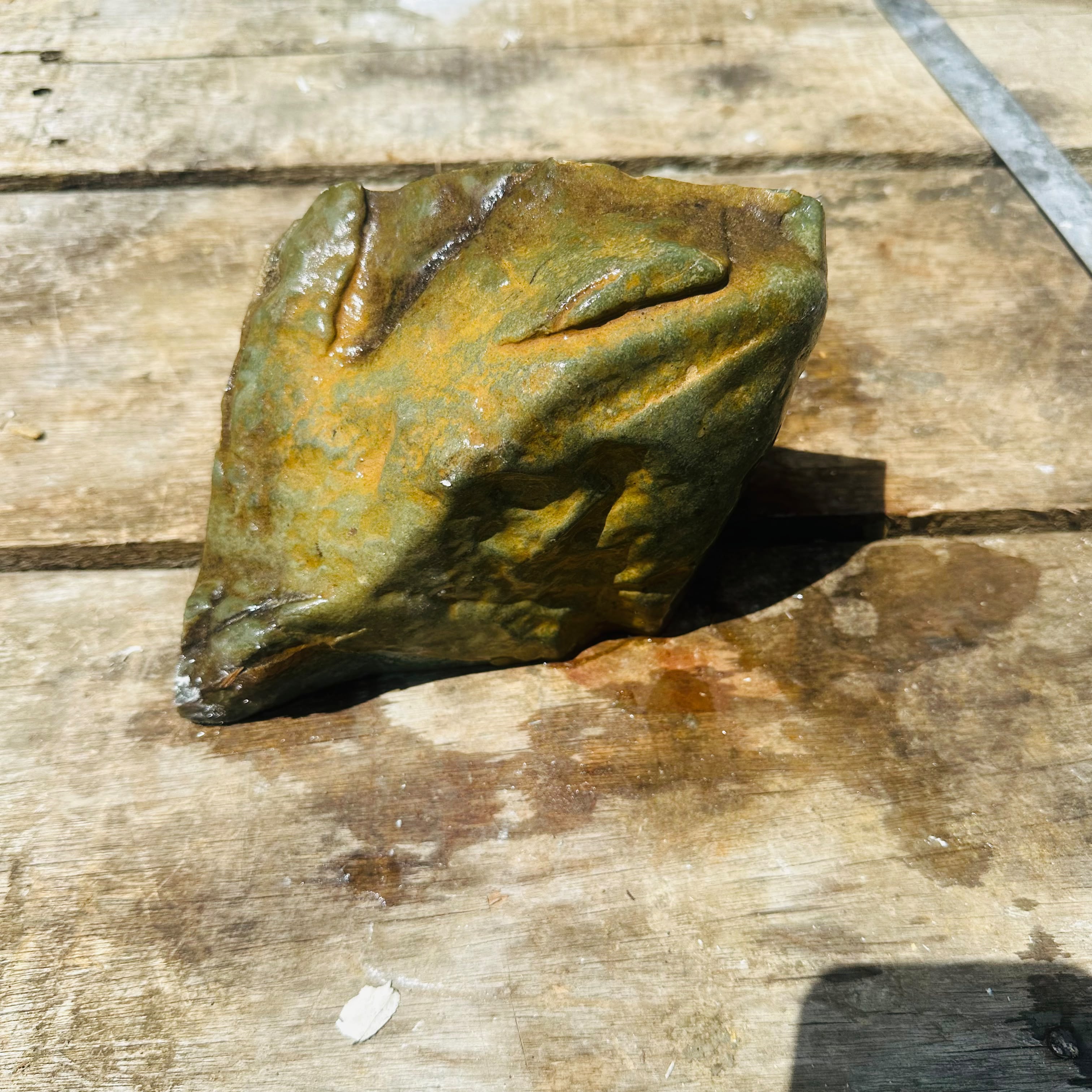 Aceh Natural Moss Green Nephrite Jade Slab with Brown-Green Weathered Crust and Cut Face Rough Stone – 6.7 KG