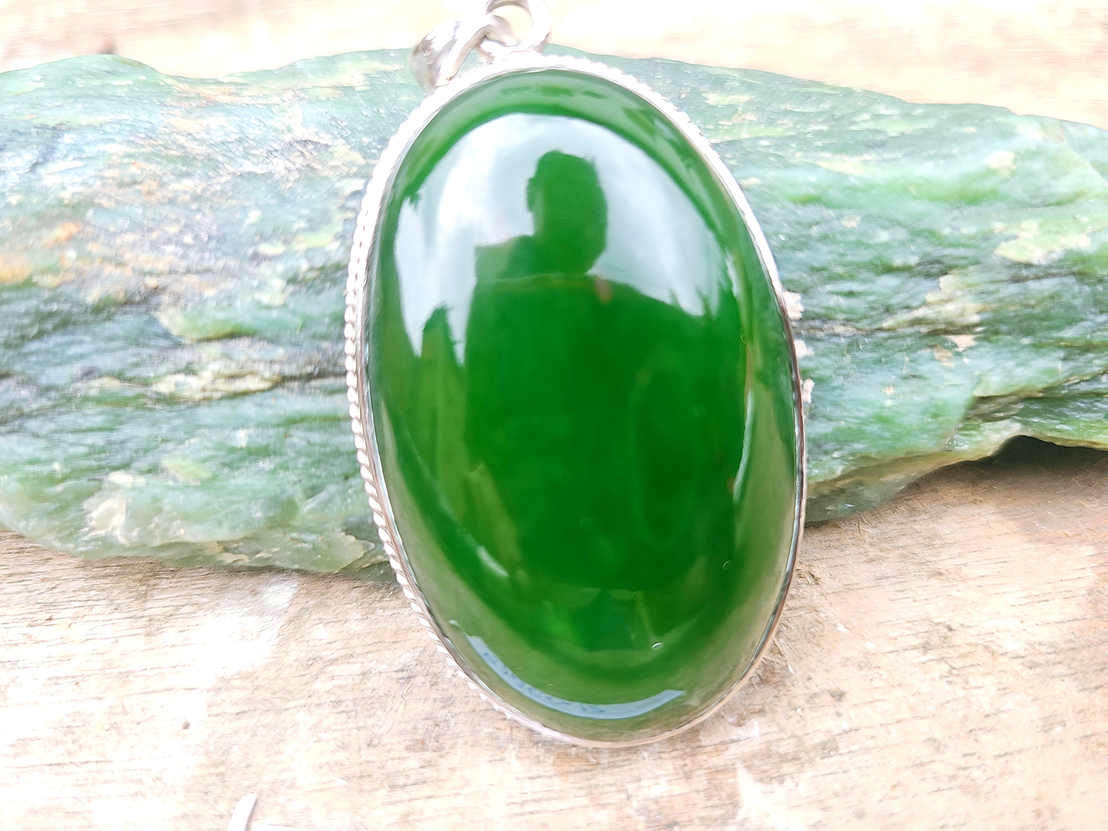 Aceh Deep Forest Green Nephrite Jade Oval Cabochon Pendant with Polished Finish and Decorative Setting Accessories
