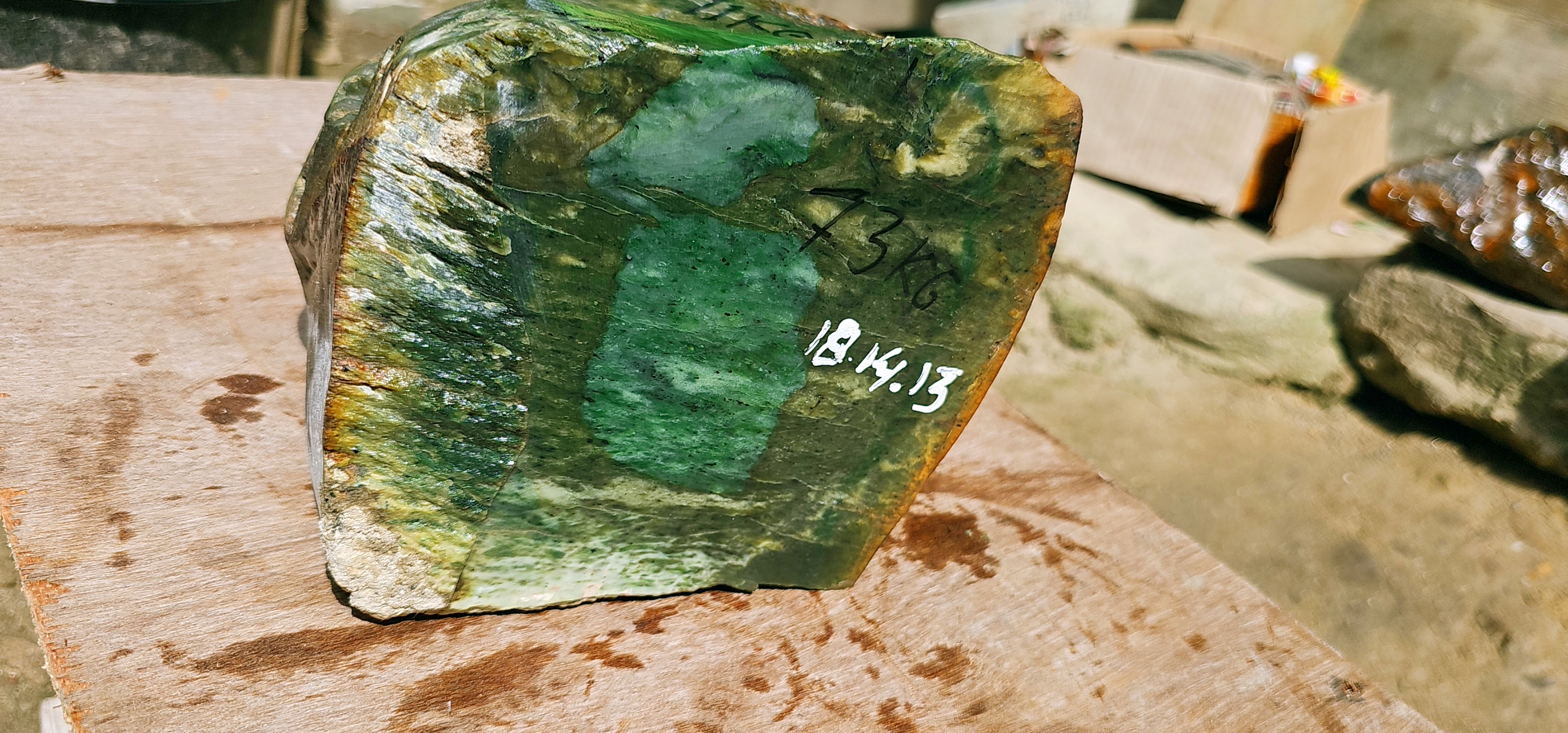 Aceh Natural Deep Forest Green Nephrite Jade Slab with Vibrant Translucent Spot and Textured Rough Surface – 7.3 KG