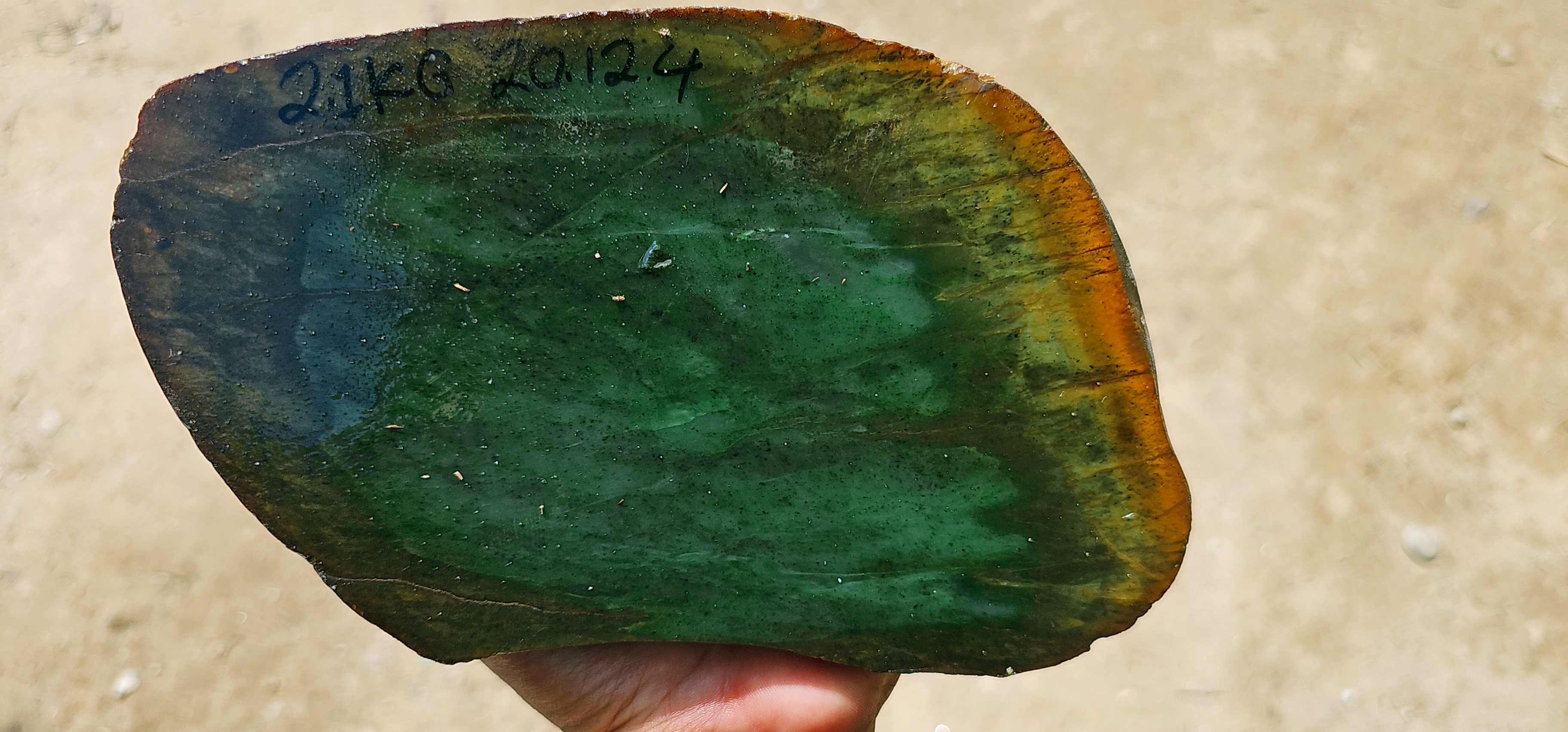 Aceh Natural Deep Forest Green and Moss Green Nephrite Jade Slab with Brown-Green Margin Rough Stone – 2.1 KG