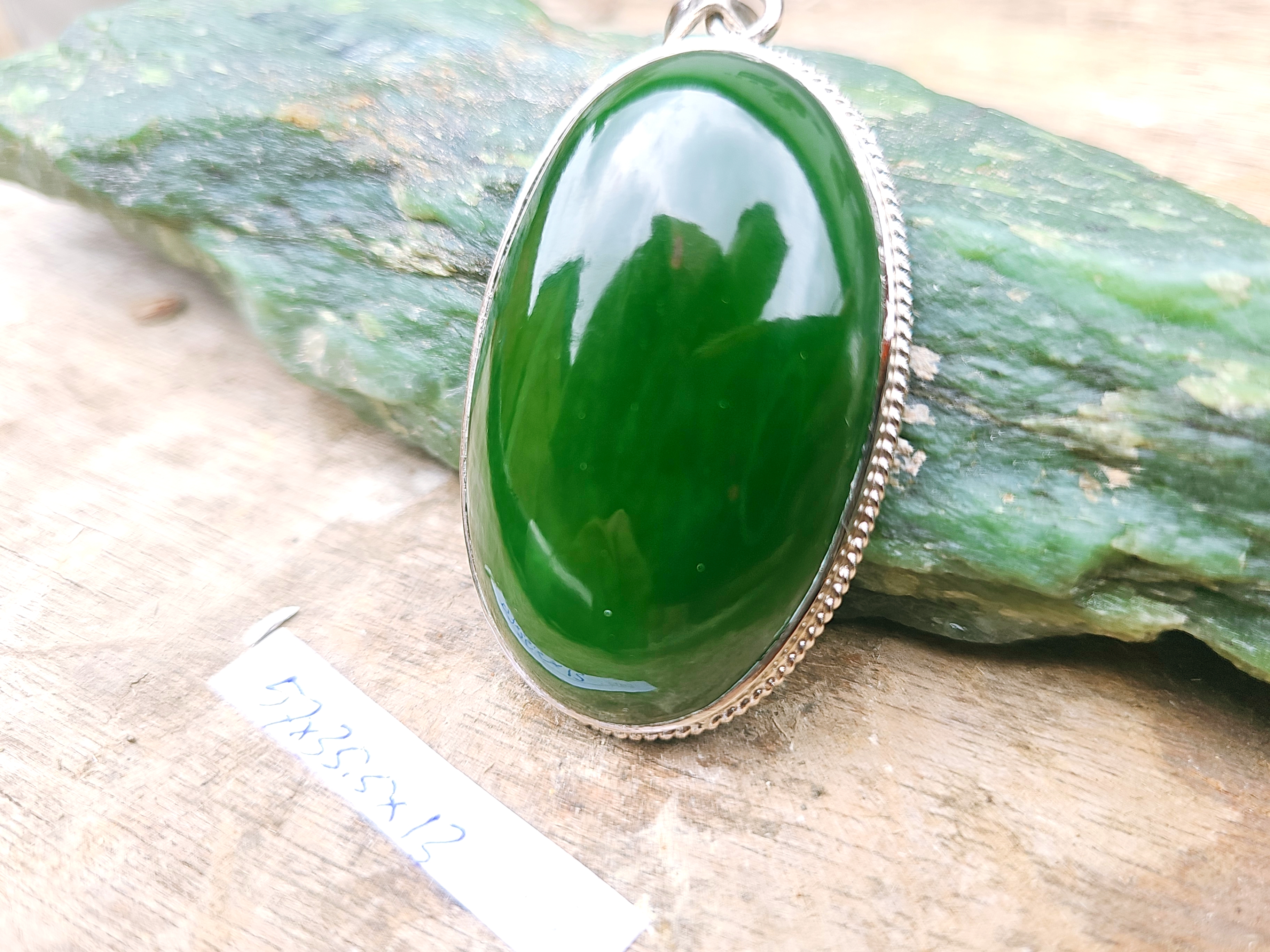 Aceh Deep Forest Green Nephrite Jade Oval Cabochon Pendant with Polished Finish and Decorative Setting Accessories