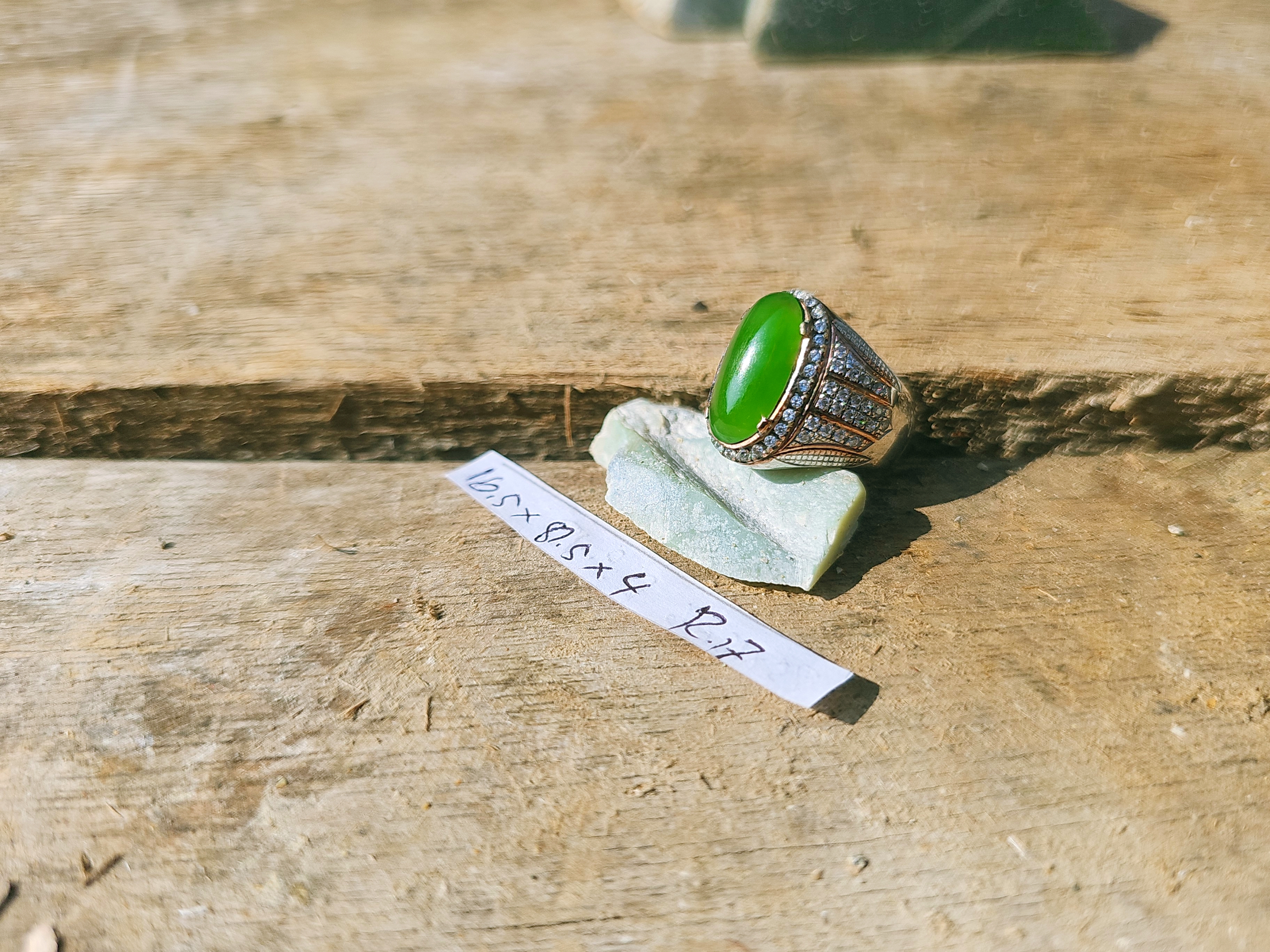 Aceh Vibrant Green Nephrite Jade Cabochon Accent Ring with Sparkling Embellished Band Accessories