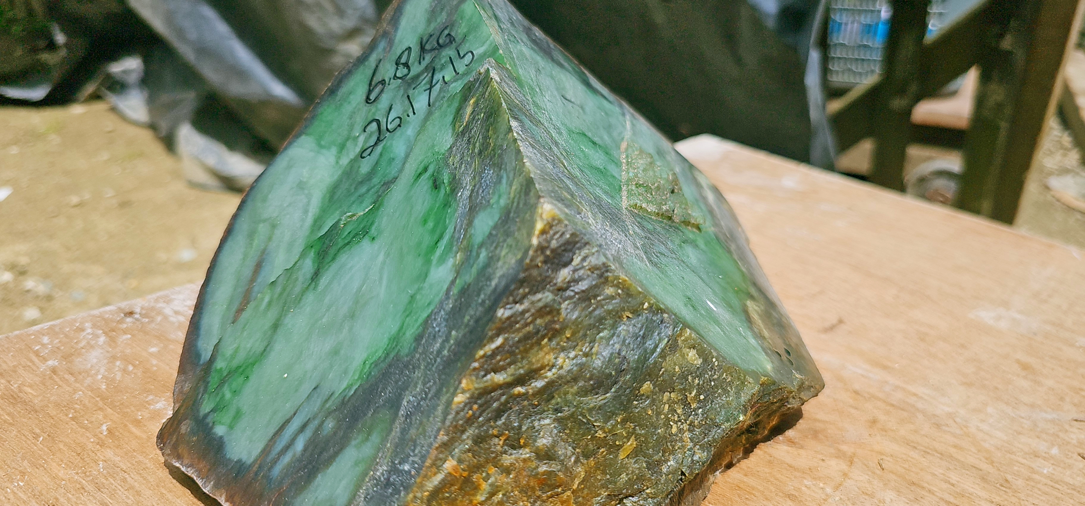 Aceh Natural Deep Forest Green and Moss Green Nephrite Jade with Organic Clouded Veining and Textured Rough Surface Slab – 6.8 KG