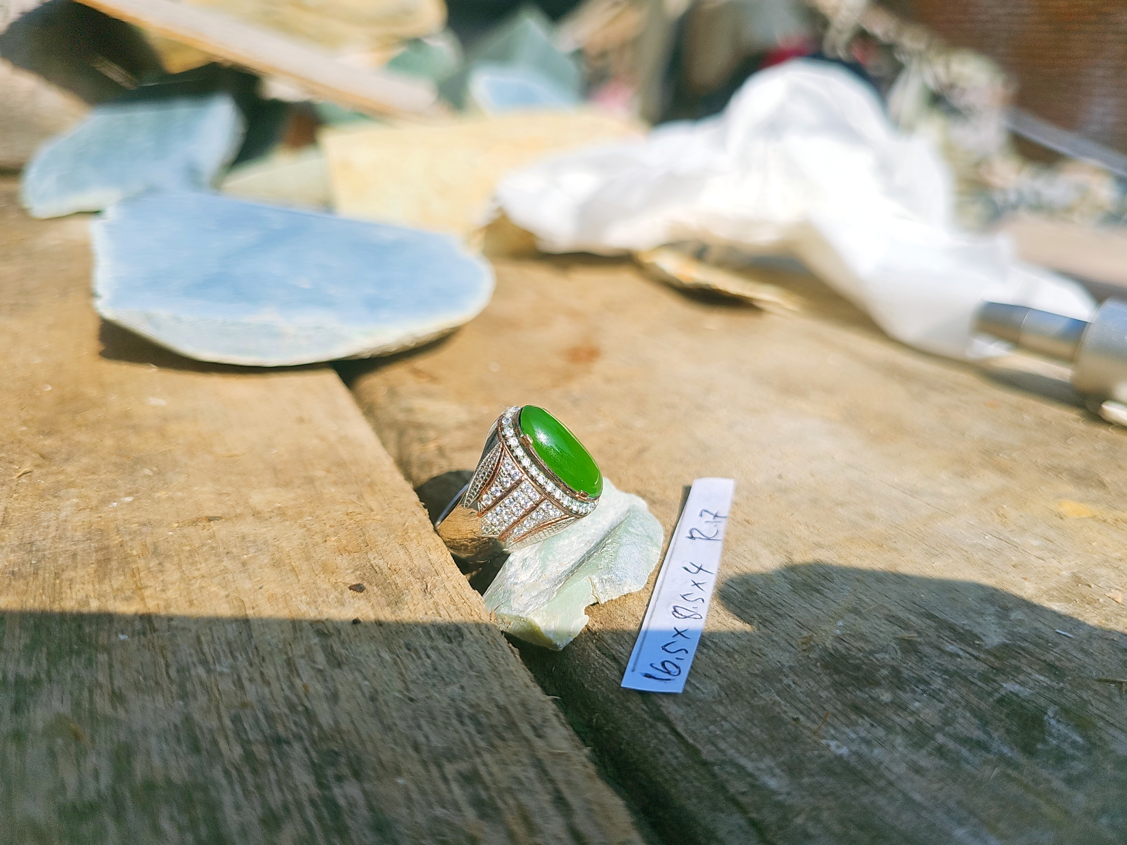 Aceh Vibrant Green Nephrite Jade Cabochon Accent Ring with Sparkling Embellished Band Accessories