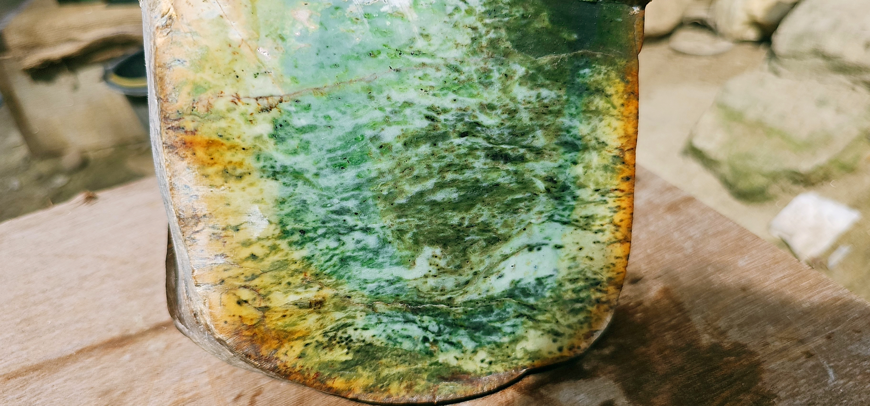 Aceh Natural Deep Forest Green Nephrite Jade Slab with Vibrant Translucent Spot and Textured Rough Surface – 7.3 KG