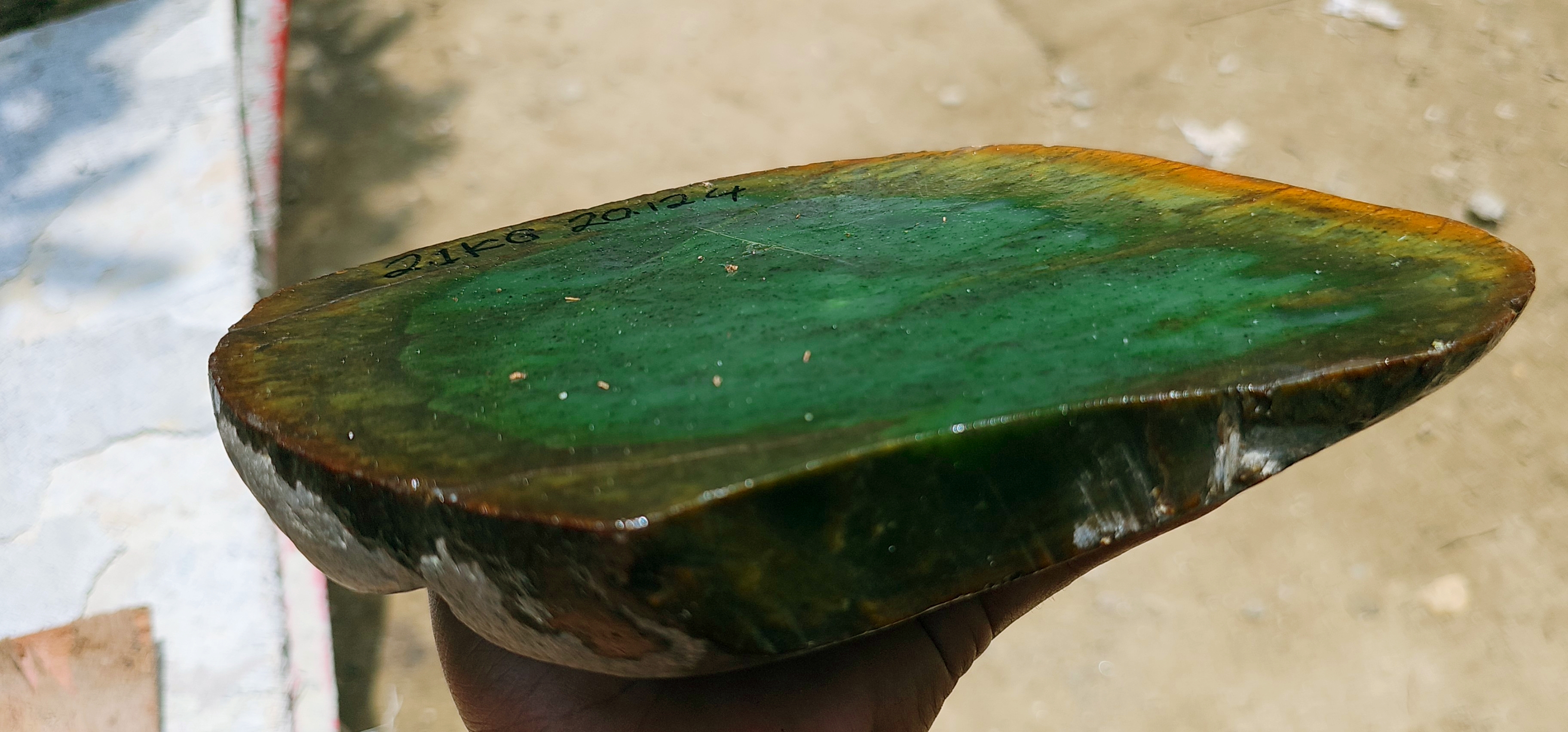 Aceh Natural Deep Forest Green and Moss Green Nephrite Jade Slab with Brown-Green Margin Rough Stone – 2.1 KG