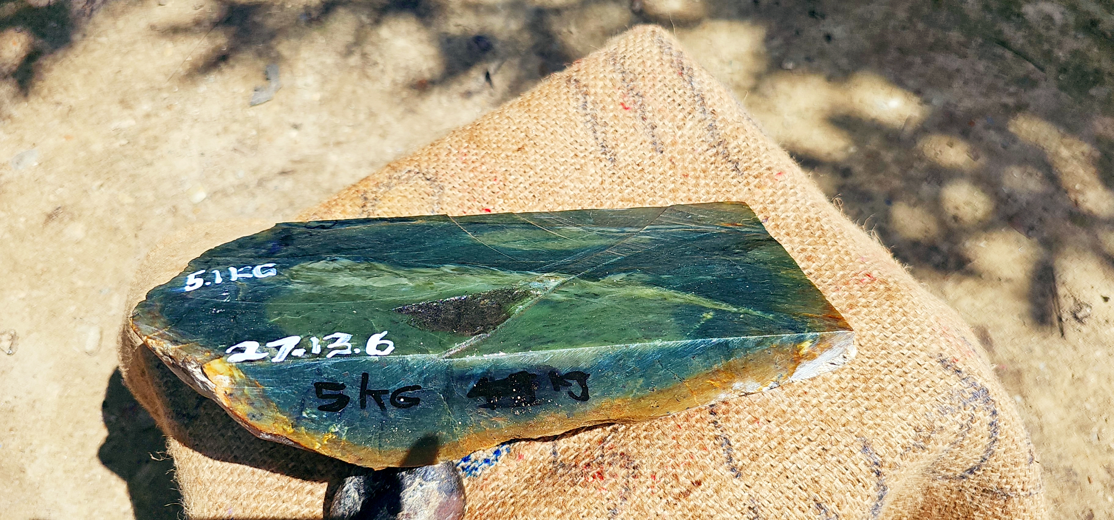 Aceh Natural Deep Forest Green and Black Nephrite Jade Slab with Golden Brown Rind and Dynamic Fiber Patterns Rough Stone – 5.1 KG