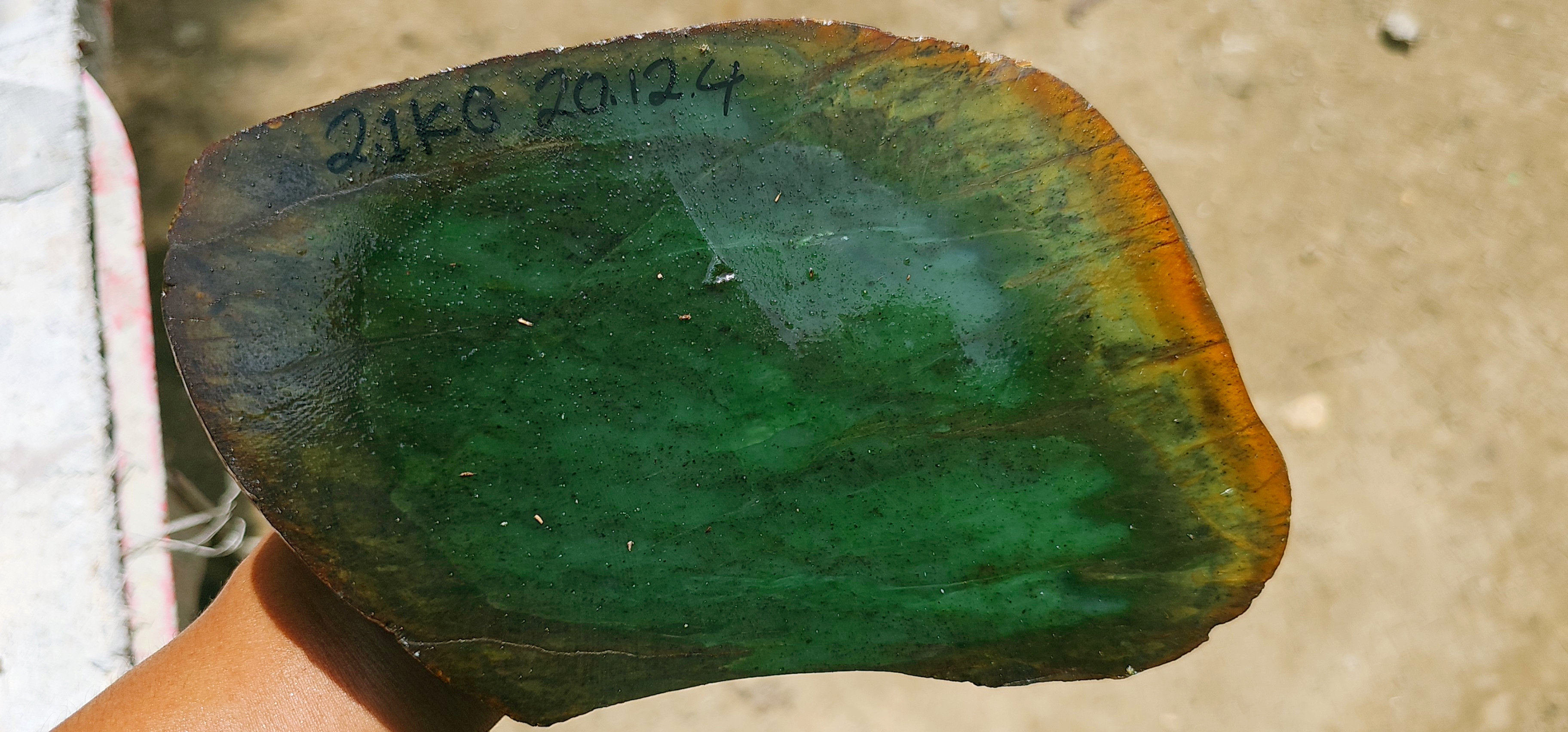 Aceh Natural Deep Forest Green and Moss Green Nephrite Jade Slab with Brown-Green Margin Rough Stone – 2.1 KG