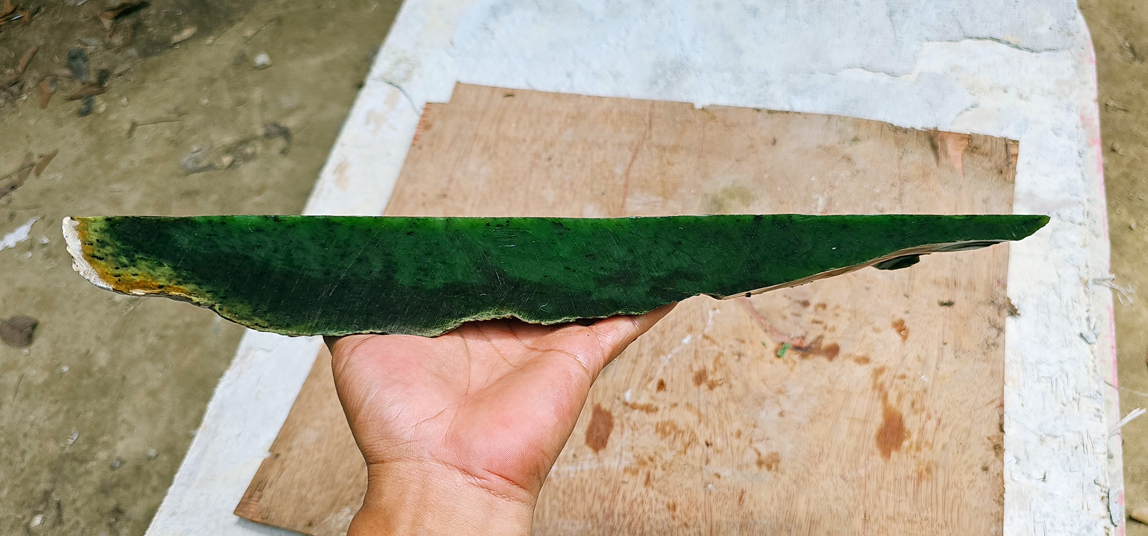Aceh Deep Nephrite Jade Slab with Moss Green Mineral Mottling and Natural Rough Edges – 2 KG