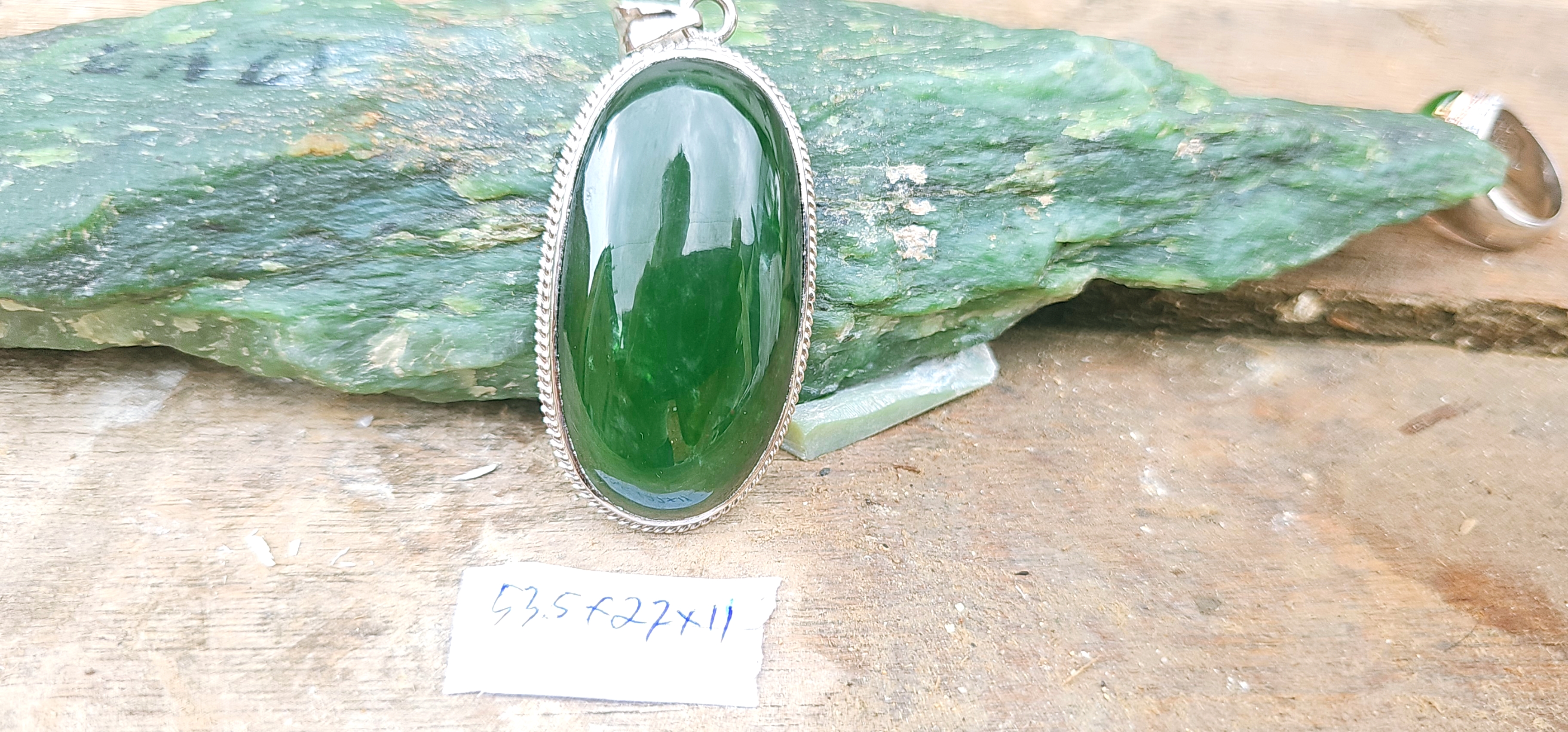 Aceh Natural Deep Forest Green Nephrite Jade Oval Cabochon Pendant with Polished Silver Setting