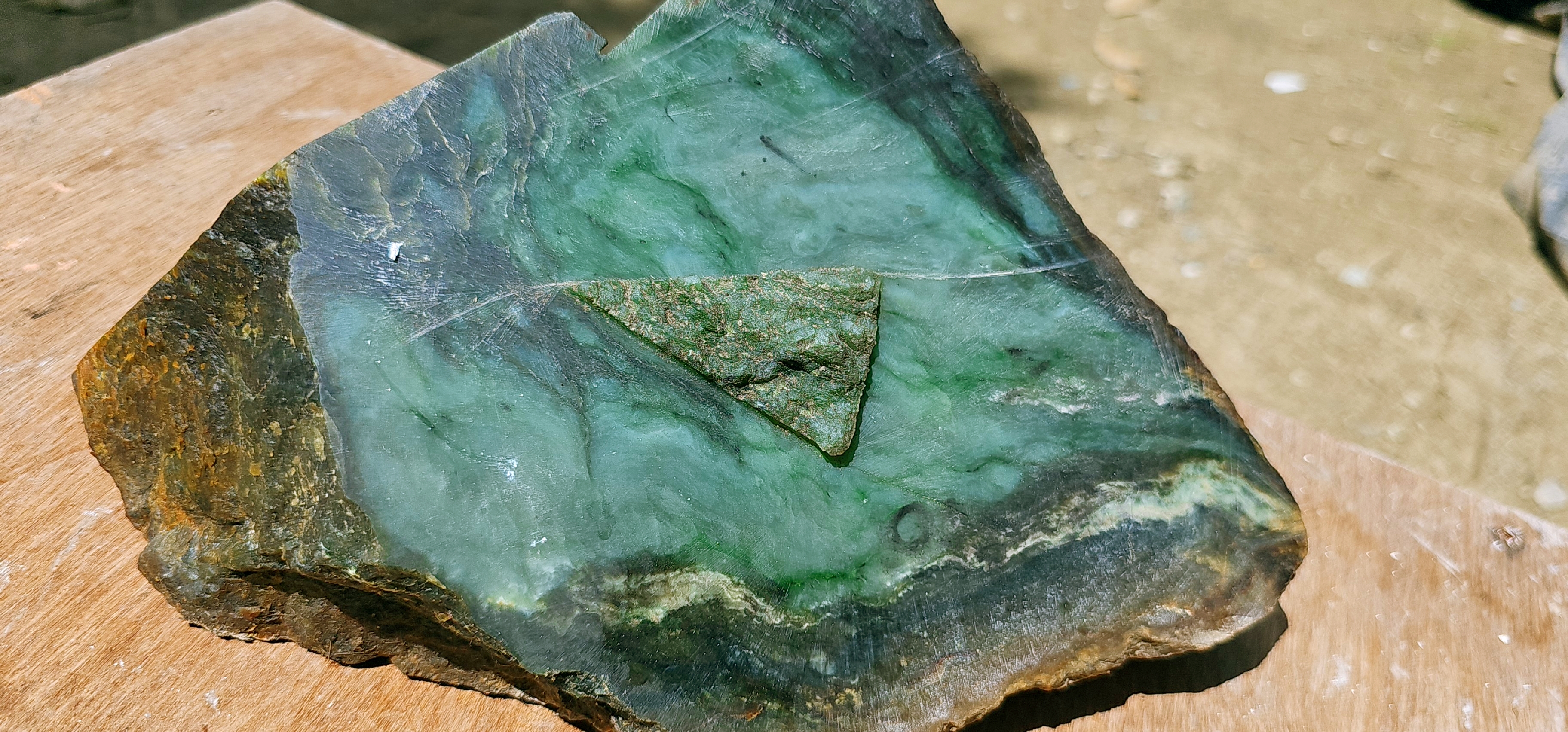 Aceh Natural Deep Forest Green and Moss Green Nephrite Jade with Organic Clouded Veining and Textured Rough Surface Slab – 6.8 KG