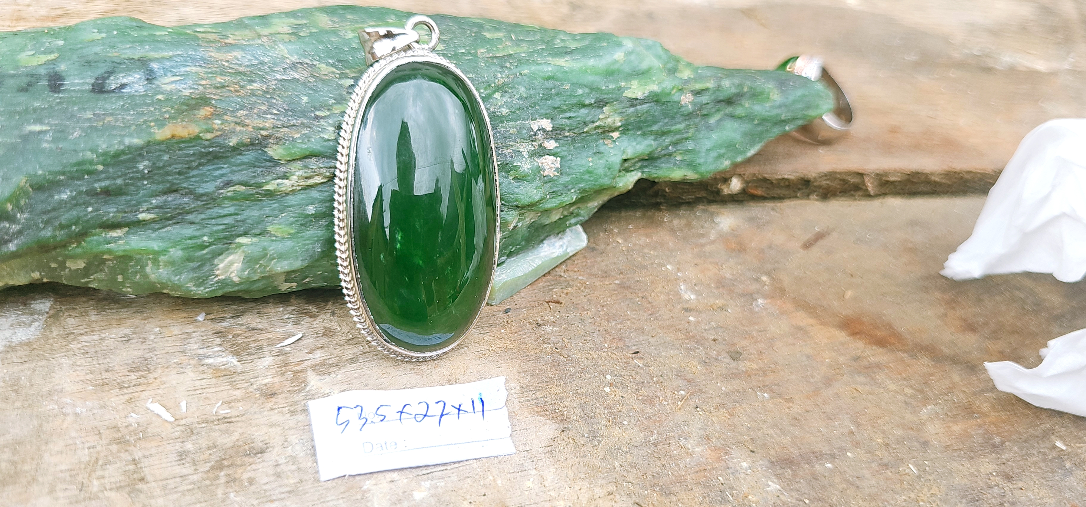 Aceh Natural Deep Forest Green Nephrite Jade Oval Cabochon Pendant with Polished Silver Setting