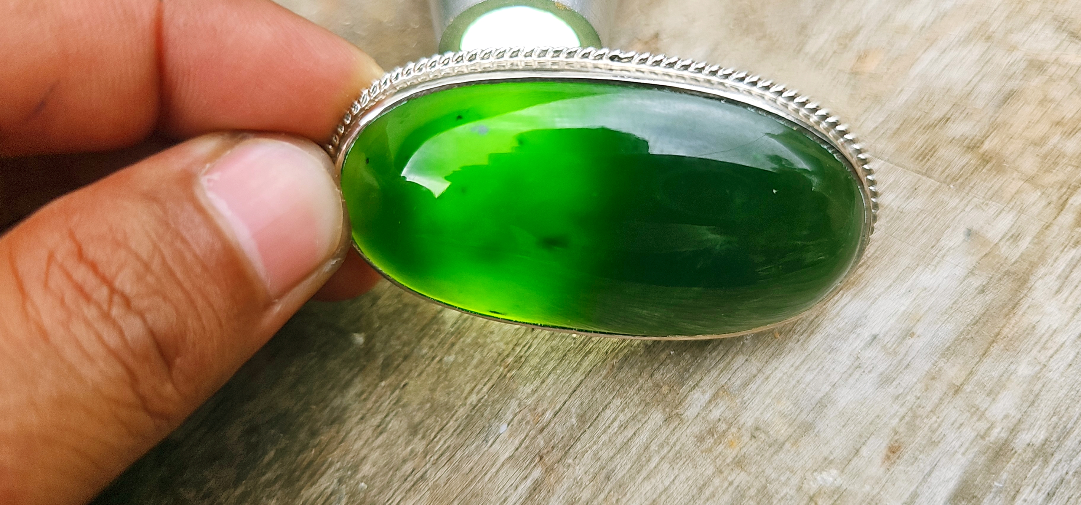 Aceh Natural Deep Forest Green Nephrite Jade Oval Cabochon Pendant with Polished Silver Setting