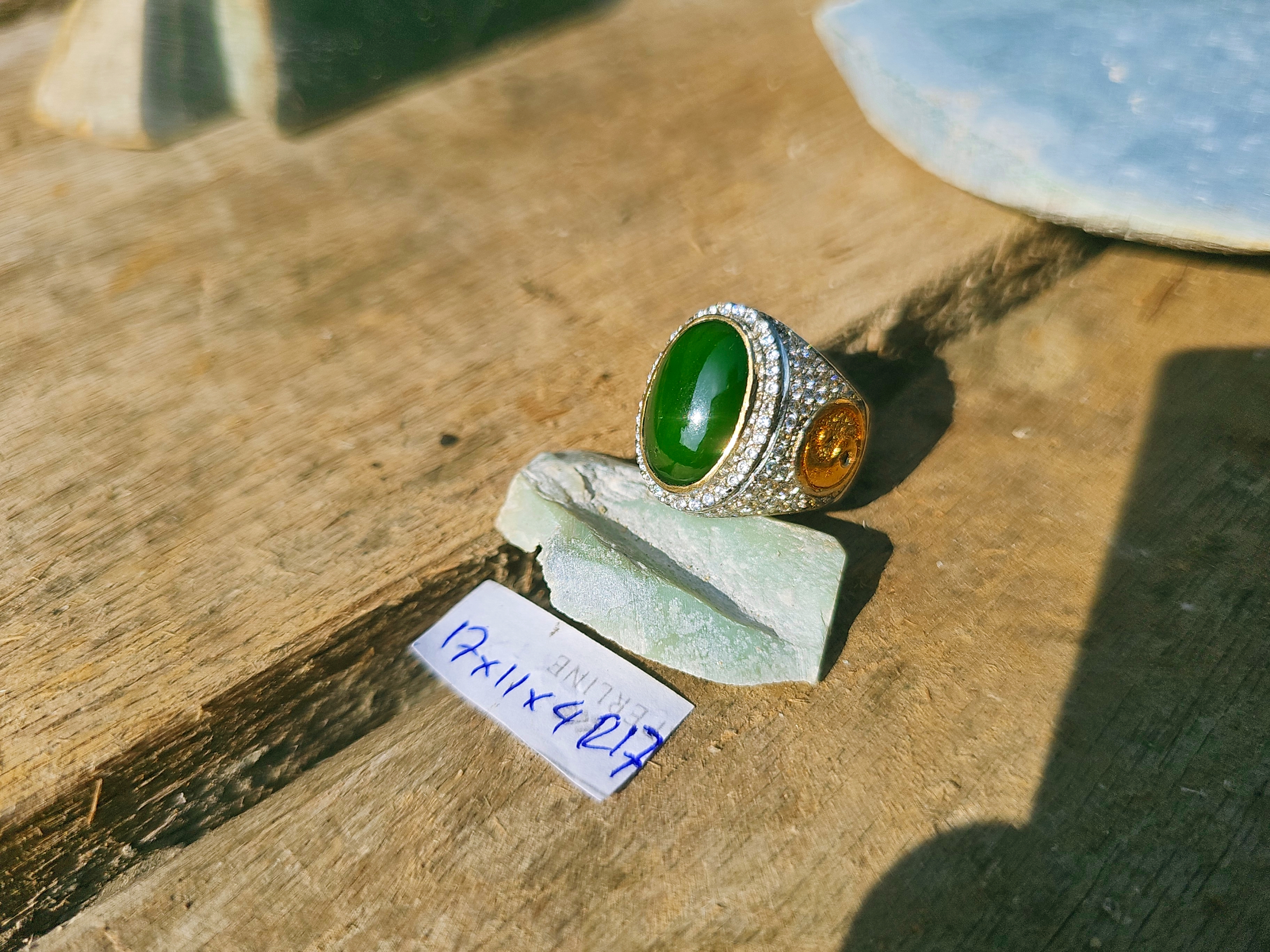 Aceh Deep Forest Green Nephrite Jade Oval Cabochon Ring with Sparkling Pavé Setting and Warm Accent Accents
