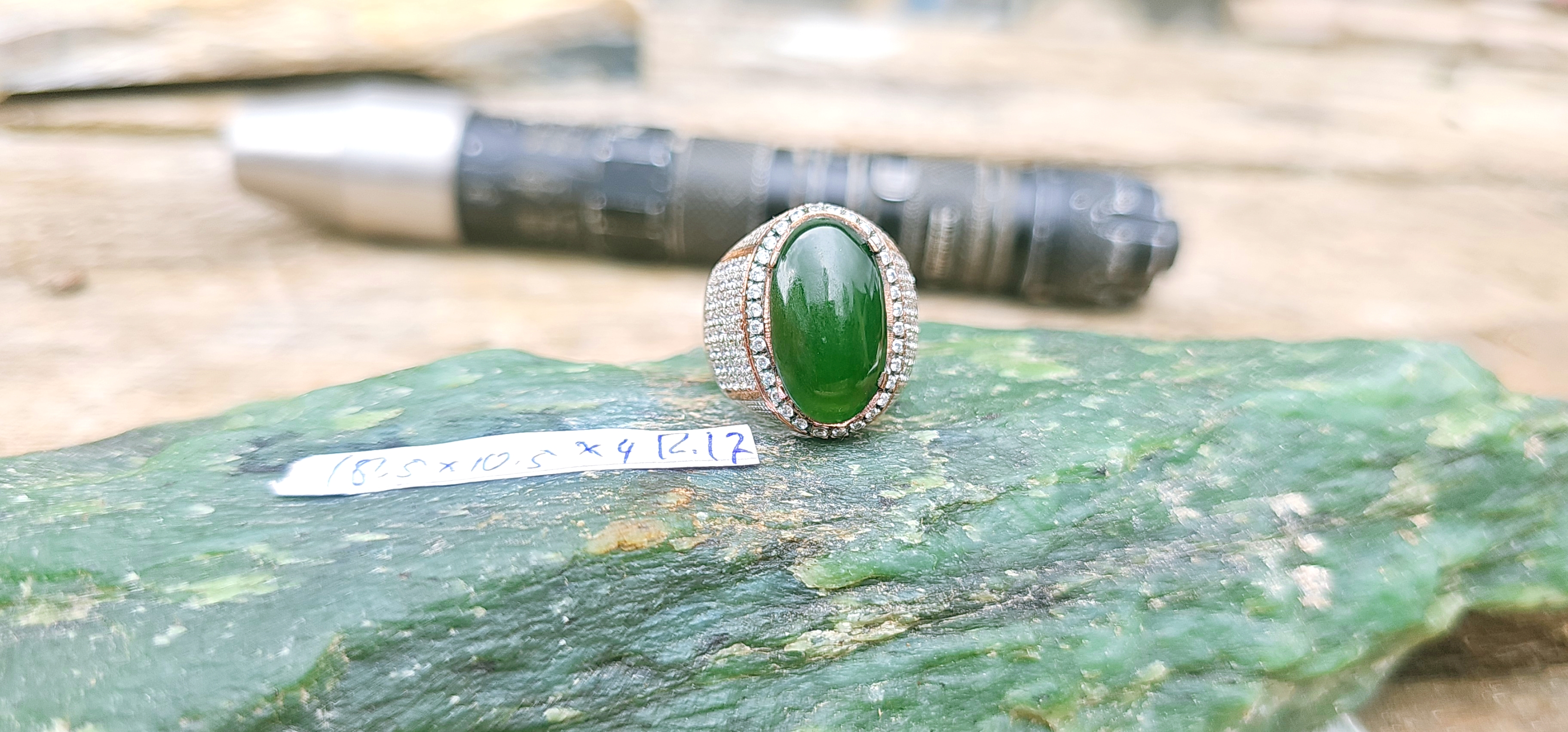 Aceh Natural Deep Forest Green Nephrite Jade Oval Cabochon Ring with Pavé Accent Band – 1 KG