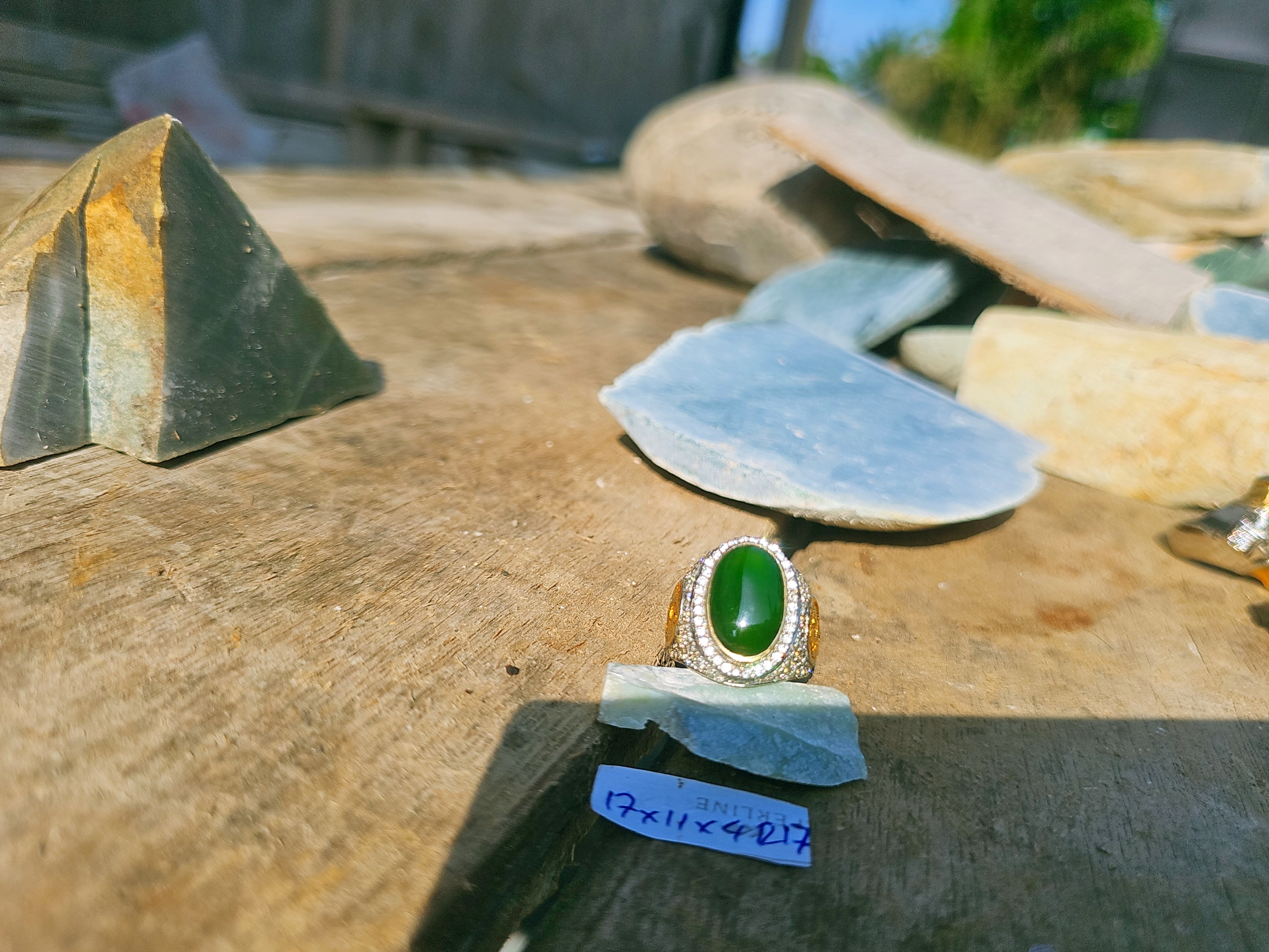 Aceh Deep Forest Green Nephrite Jade Oval Cabochon Ring with Sparkling Pavé Setting and Warm Accent Accents
