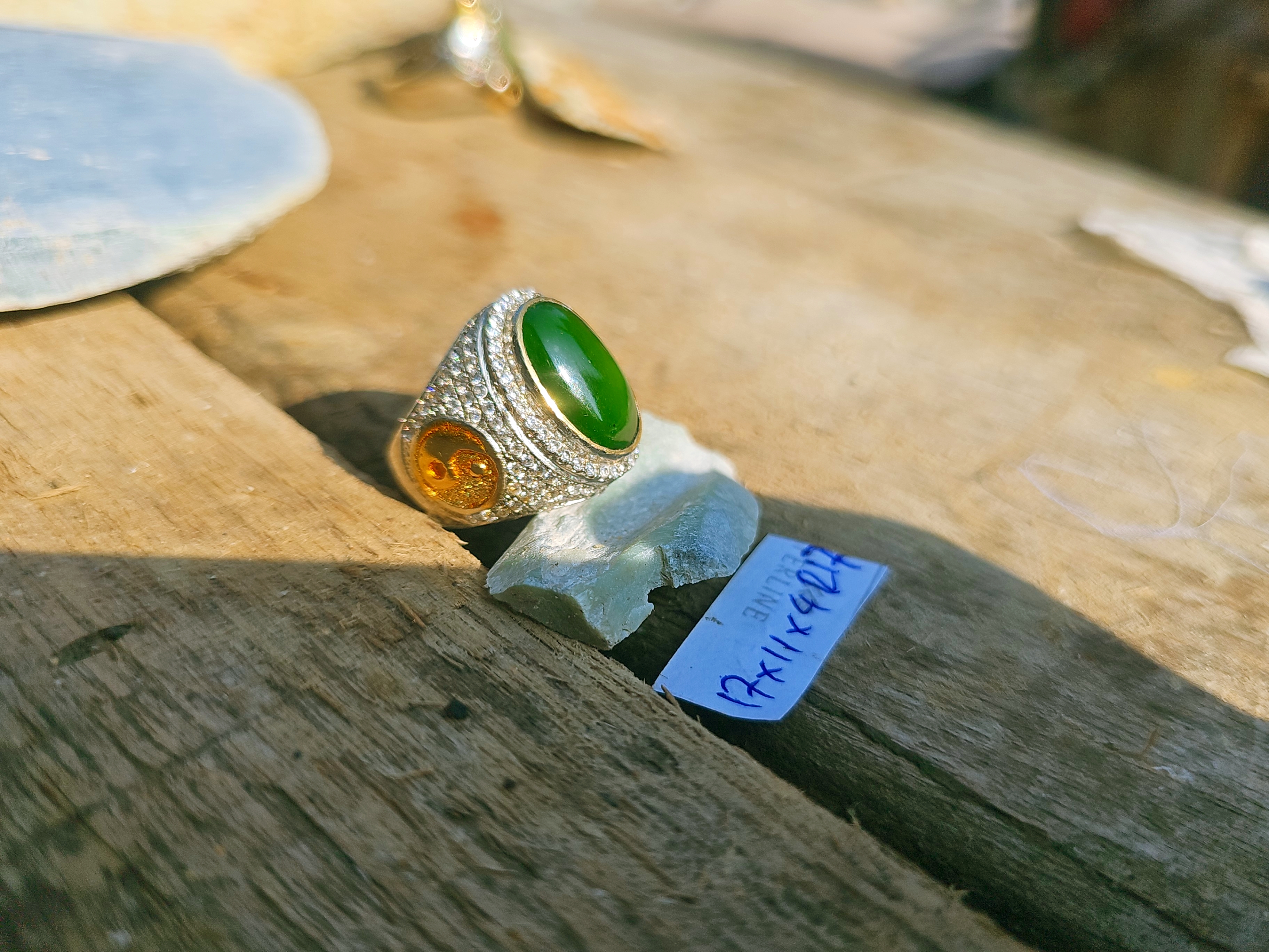 Aceh Deep Forest Green Nephrite Jade Oval Cabochon Ring with Sparkling Pavé Setting and Warm Accent Accents