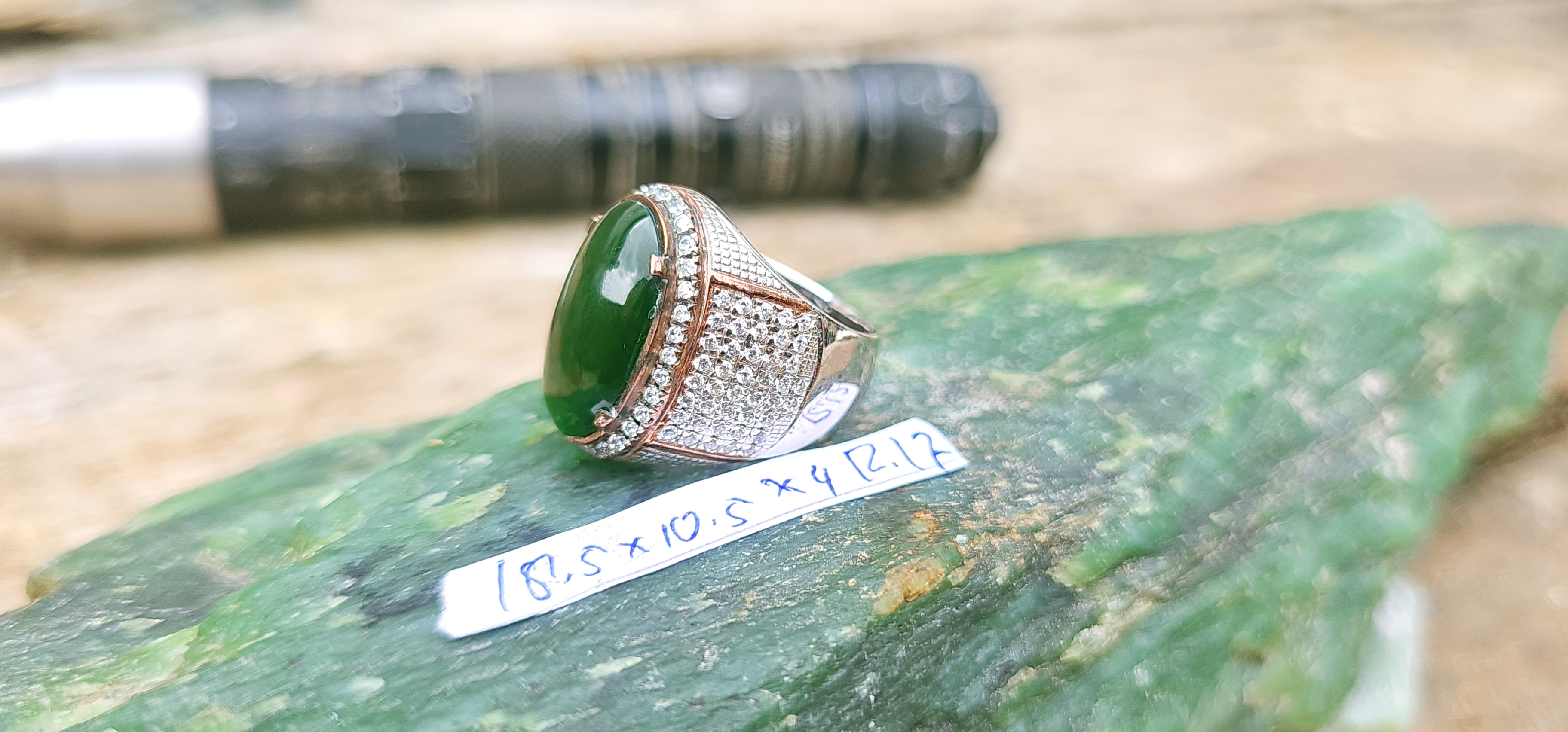Aceh Natural Deep Forest Green Nephrite Jade Oval Cabochon Ring with Pavé Accent Band – 1 KG